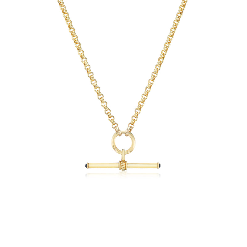 14k yellow gold plain gold t bar with blue sapphire pendant necklace by Lucy Delius Tiny Gods