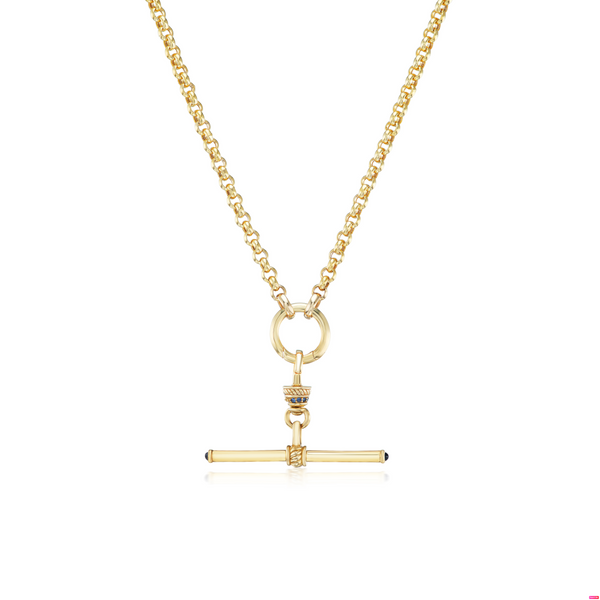 14k yellow gold plain gold t bar with special anchor clip and blue sapphires by Lucy Delius Tiny Gods