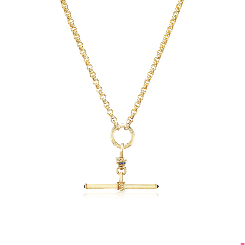 14k yellow gold plain gold t bar with special anchor clip and blue sapphires by Lucy Delius Tiny Gods