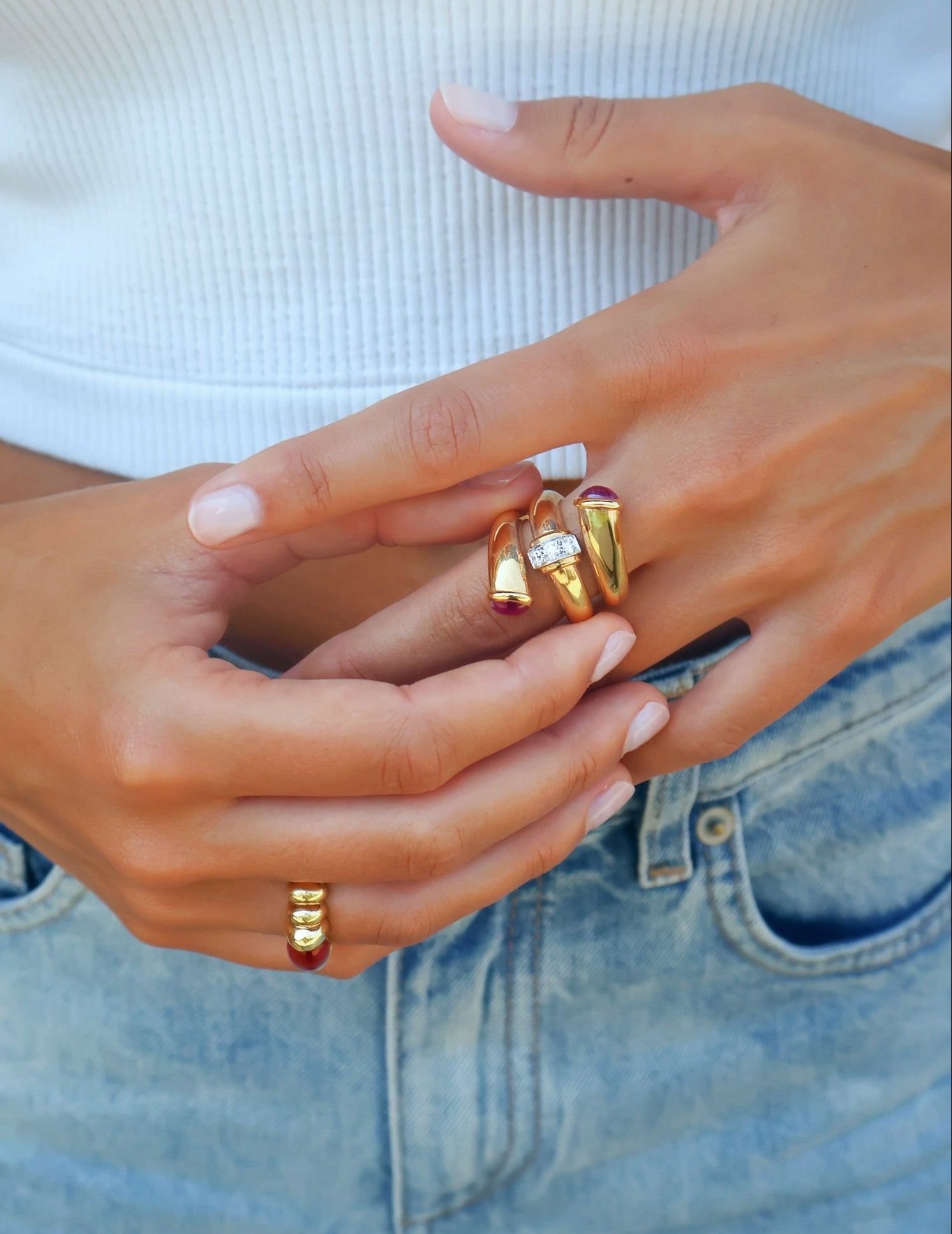 18k yellow gold and platinum diamond and ruby pipe ring polished by David Webb Tiny gods