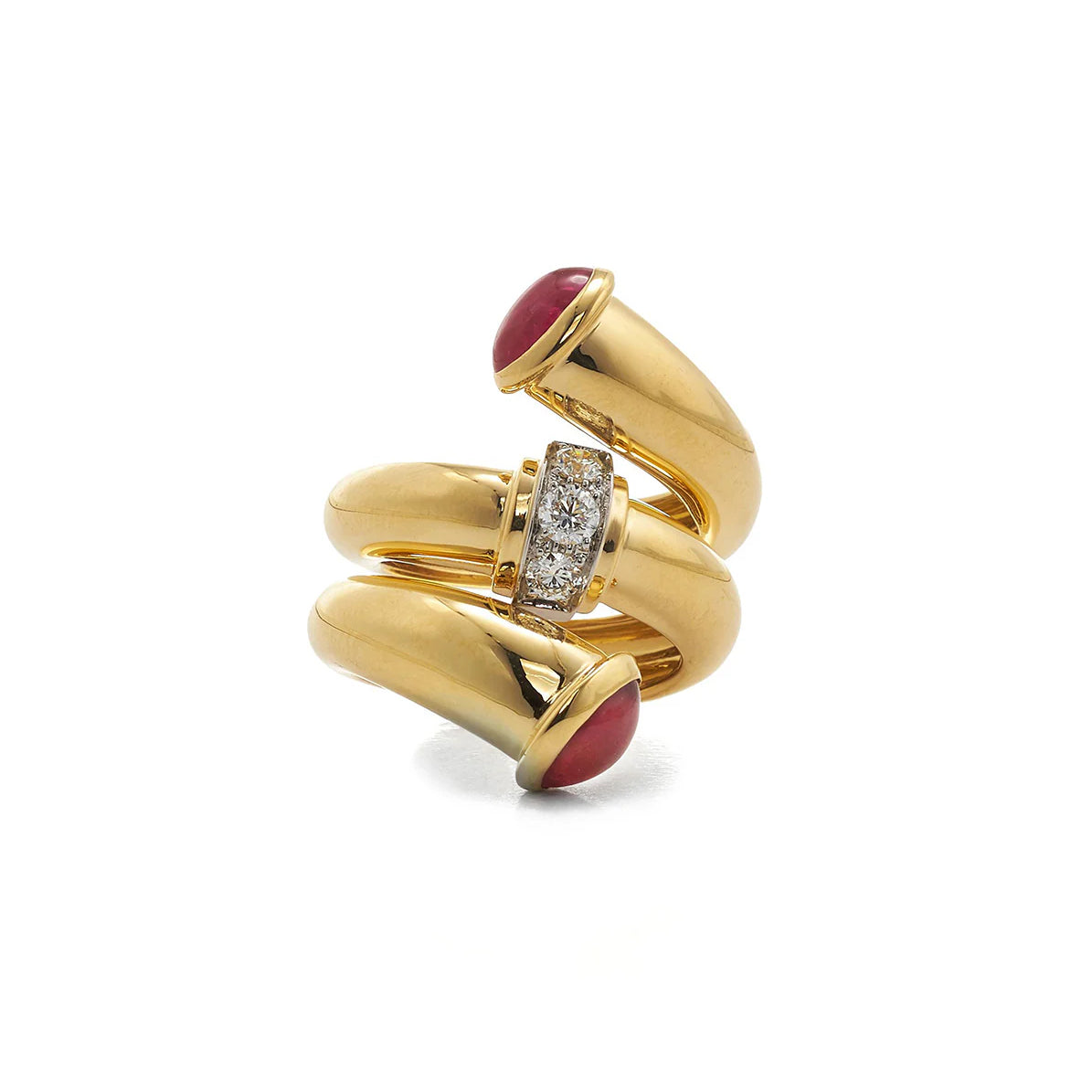 18k yellow gold and platinum diamond and ruby pipe ring polished by David Webb Tiny gods