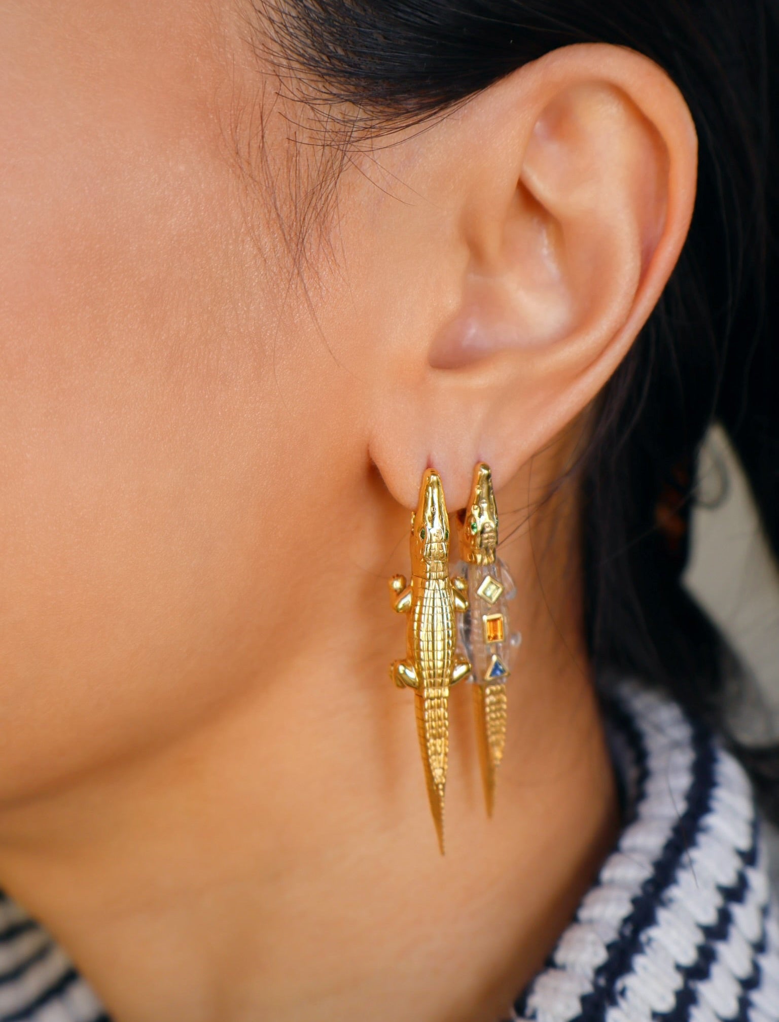 18k yellow gold pop art crystal alligator bite earring by Bibi Van Der Velden Tiny Gods