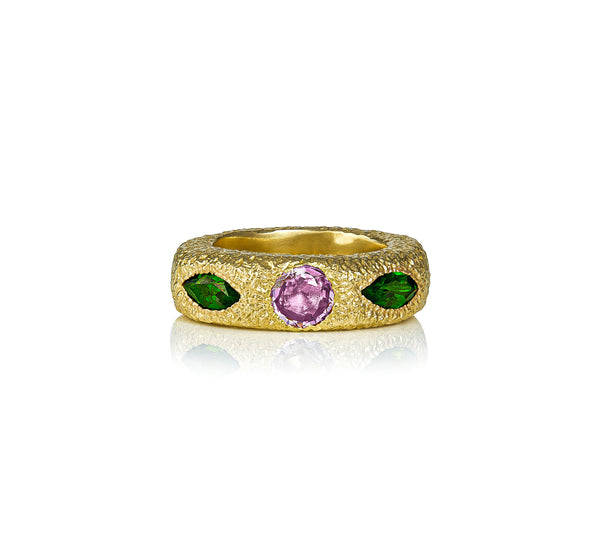 14k yellow gold Queenie IV chrome diopside and spinel green and pink hammered band ring by rene Barnes Tiny Gods