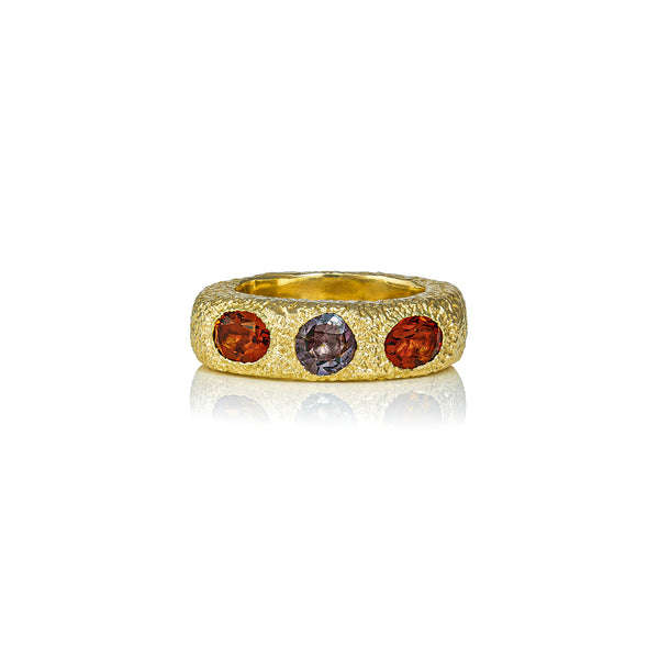 14k yellow gold Queenie V ring with citrine and spinel hand hammered thick band ring by Rene Barnes Tiny Gods