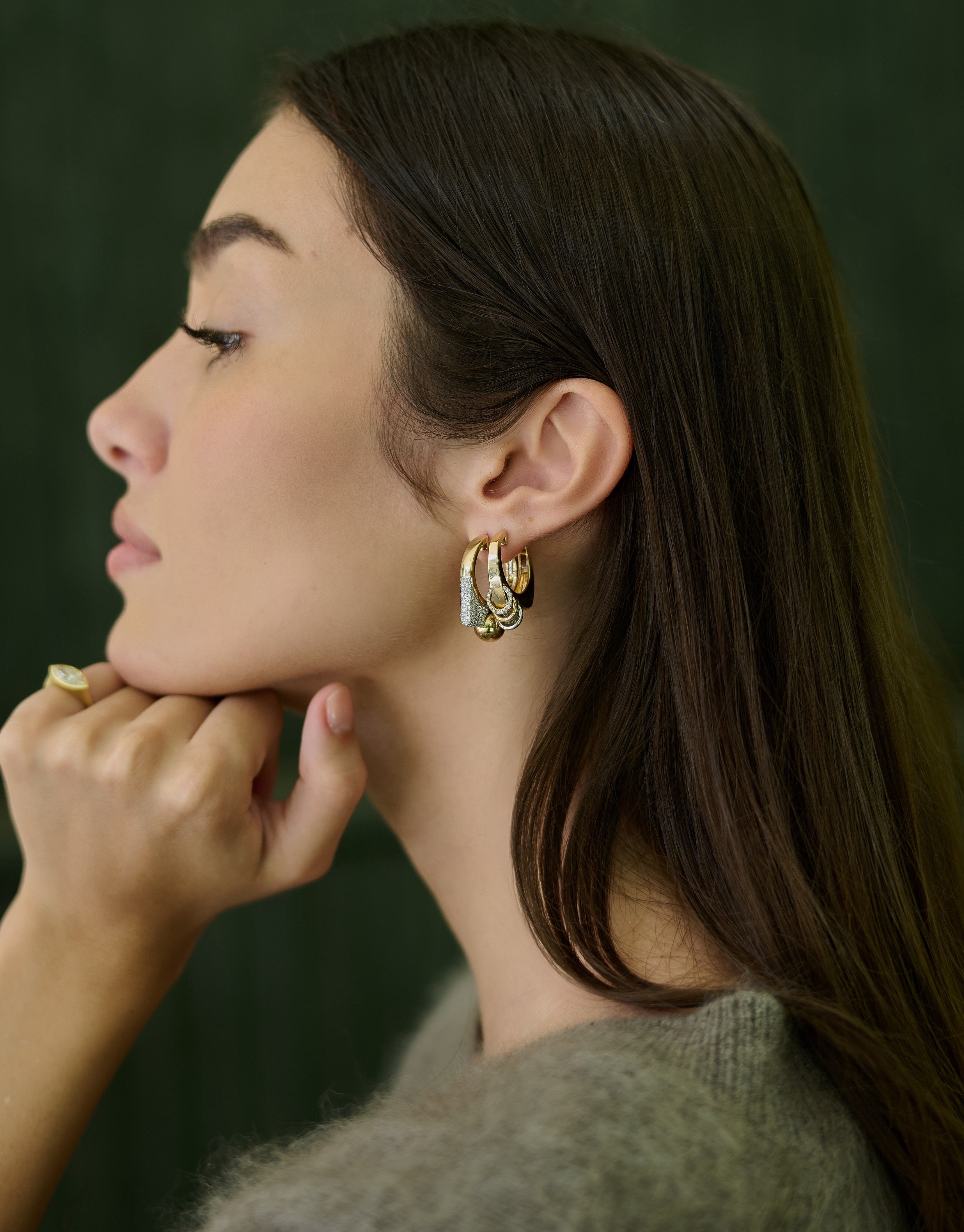 yellow gold diamond pave ball hoop earrings by RainbowK Tiny Gods  on Model Rainbow K