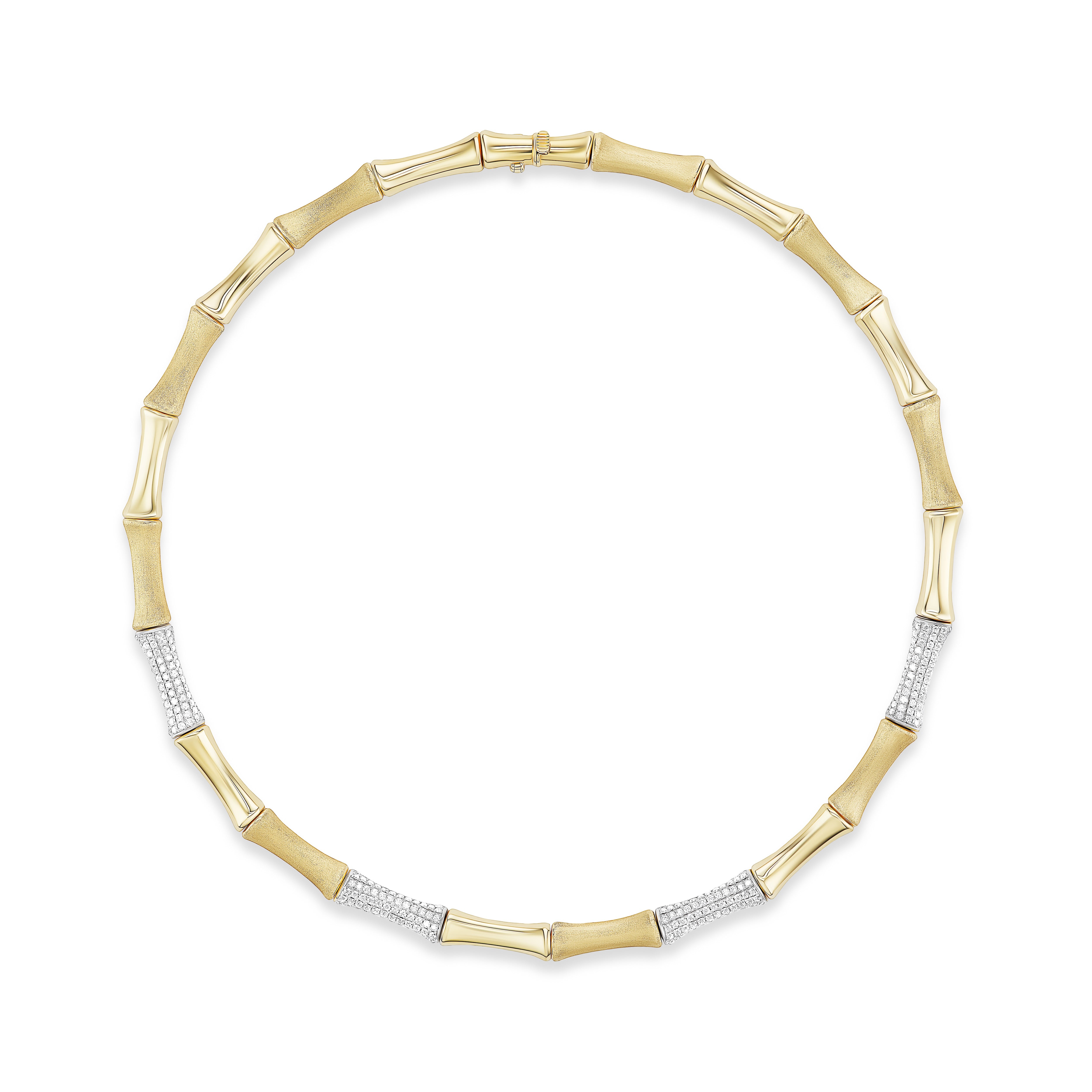 14k yellow and white gold diamond polished and matte satin finish bamboo link necklace collar choker by rainbow K Tiny Gods 