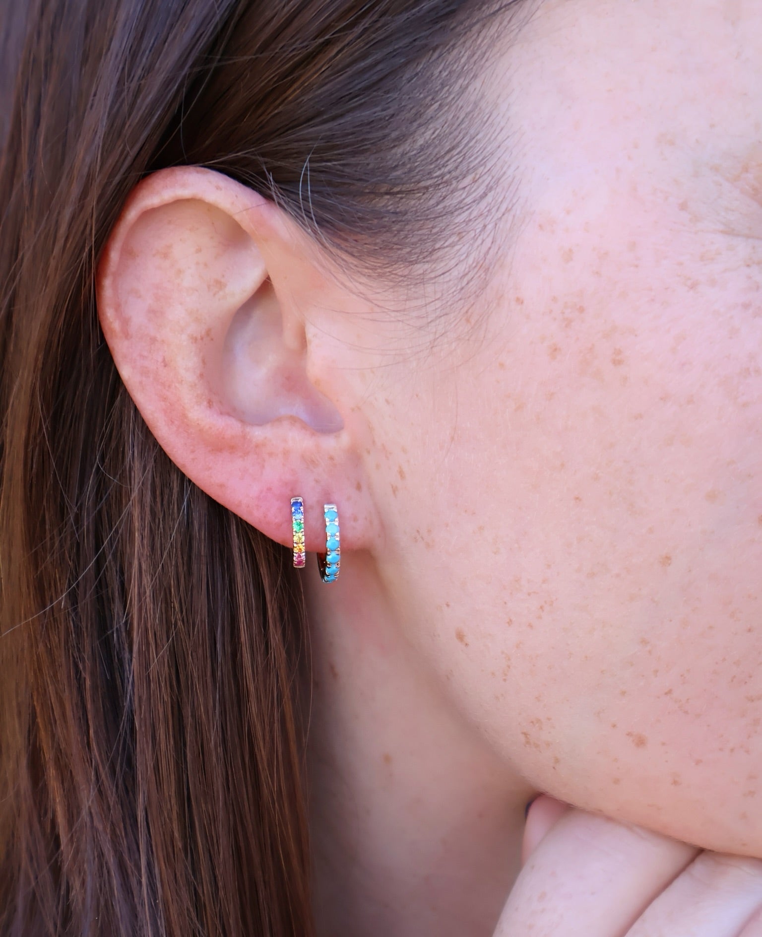 14k yellow gold rainbow sapphire huggie earrings Tiny Gods 