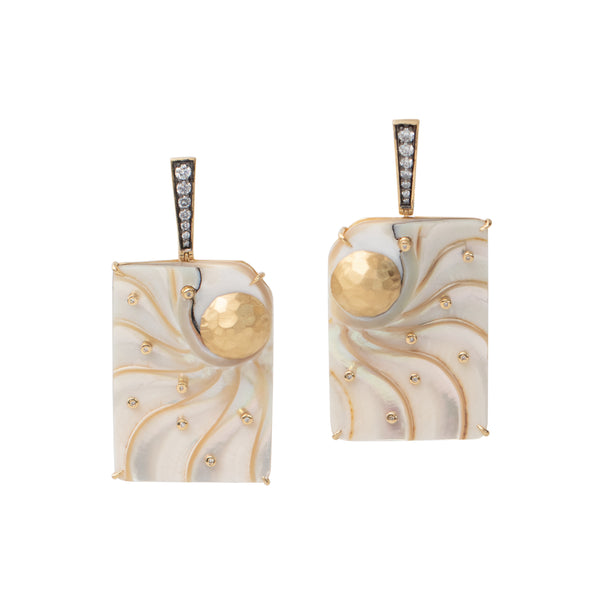 18k yellow gold rectangular white nautilus shell gold diamond earrings by Silvia Furmanovich Tiny Gods