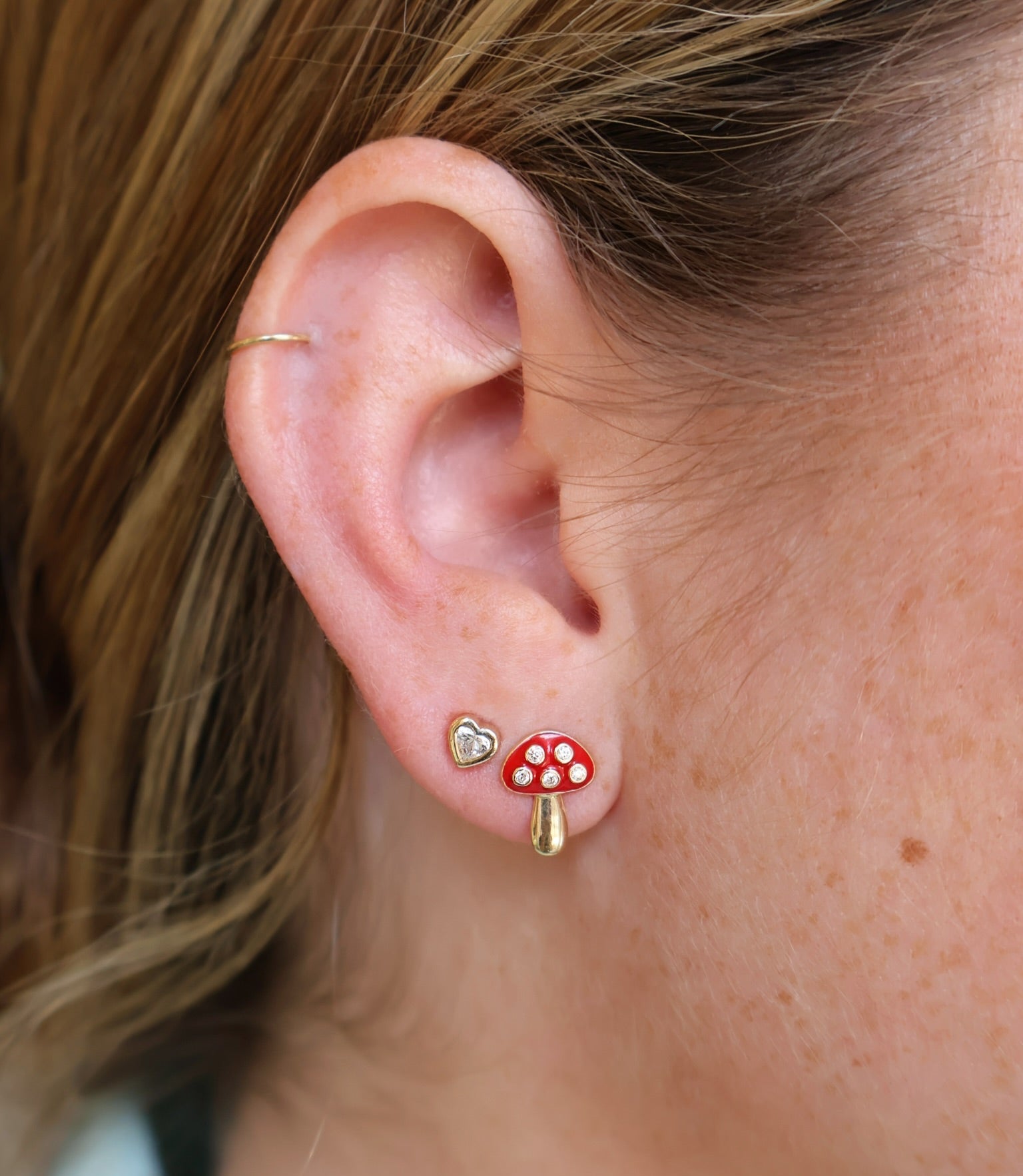 14k yellow gold red enamel and diamond mushroom toadstool earring studs Tiny Gods