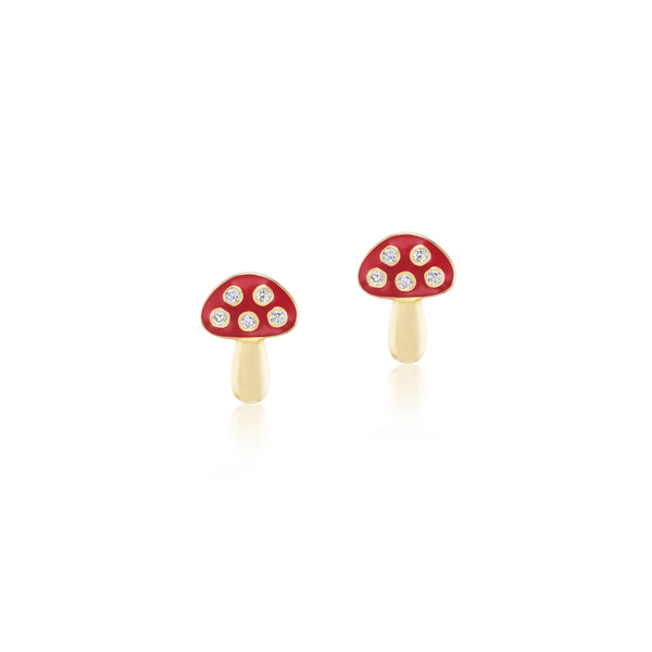 14k yellow gold red enamel and diamond mushroom toadstool earring studs Tiny Gods