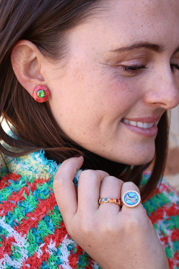 18k yellow gold red flower marquetry stud earrings with peridot by Silvia Furmanovich Tiny Gods