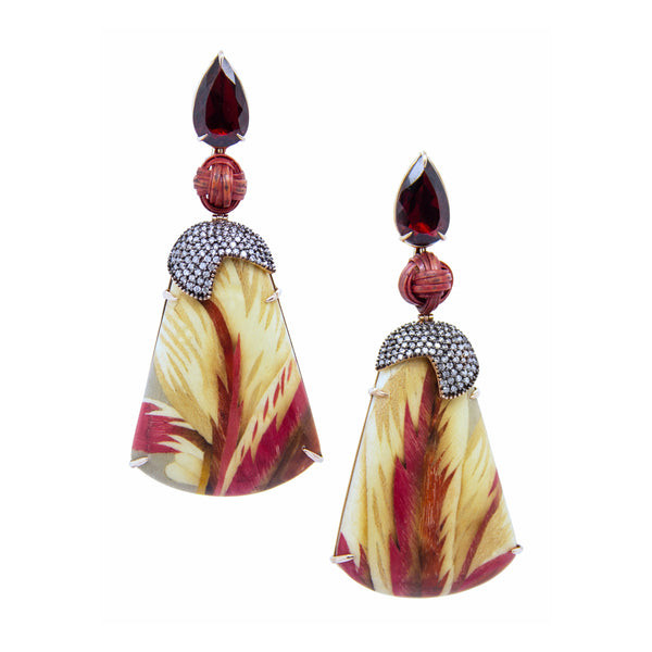 18k yellow gold red leaf marquetry earrings by Silvia Furmanovich with garnet, bamboo and diamonds Tiny Gods