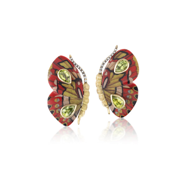 18k yellow gold brown diamond pear cut peridot, red and yellow wood marquetry butterfly wing earring by Silvia Furmanovich Tiny Gods