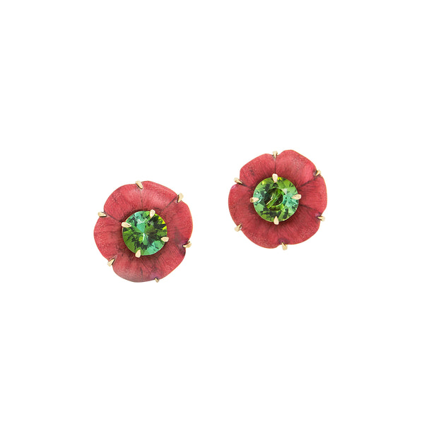 18k yellow gold red sculptural marquetry flower green tourmaline stud earrings by Silvia Furmanovich Tiny Gods