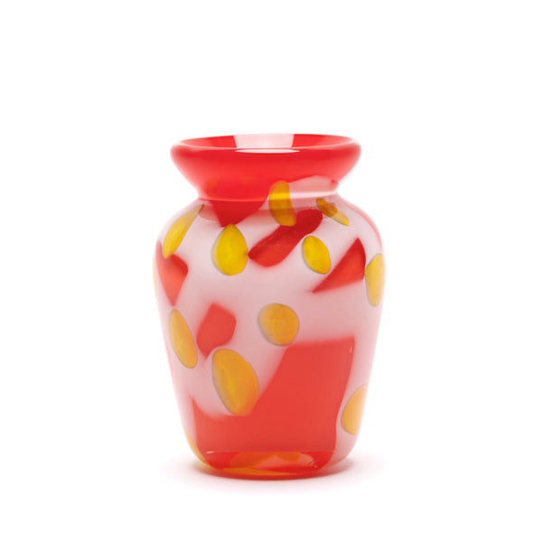 Red handblown vase with white strokes and yellow spots by Paul Arnhold Tiny Gods