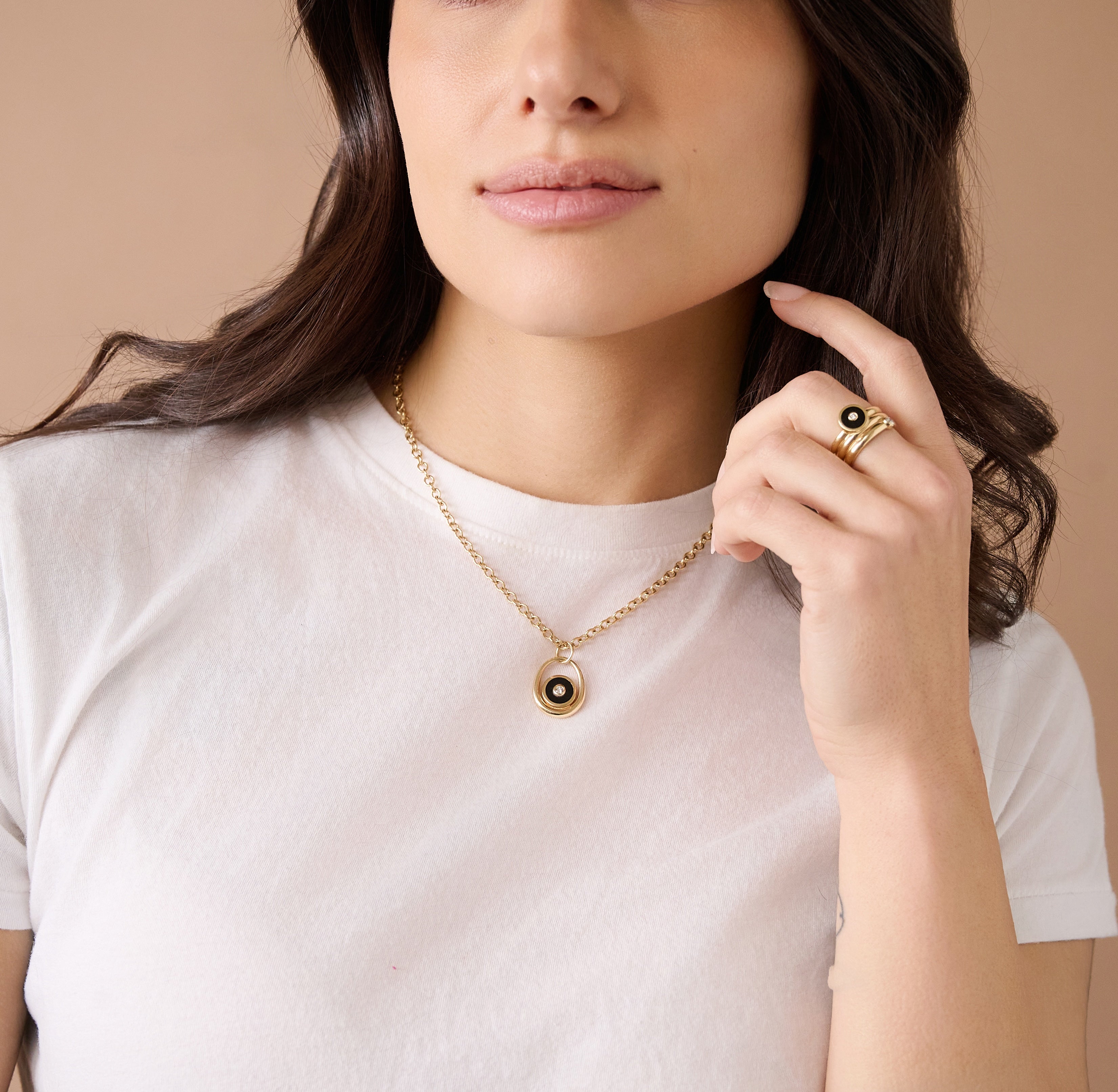 onyx midi compass sling pendant with inlay and diamond rolo chain yellow gold necklace retrouvai tiny gods on model