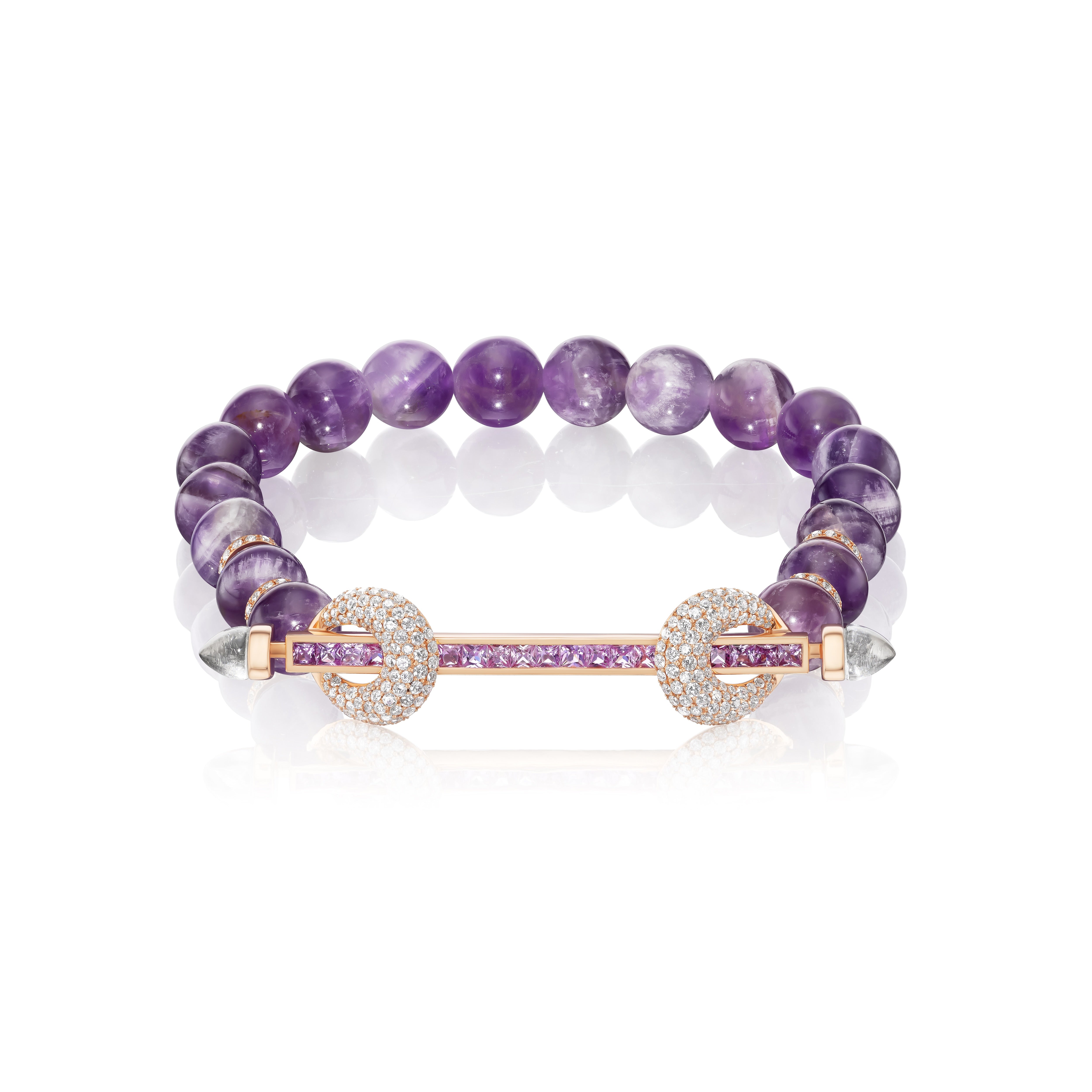18k rose gold purple amethyst beaded chakra bracelet with pink sapphire bar and diamond loops by Ananya Tiny Gods 