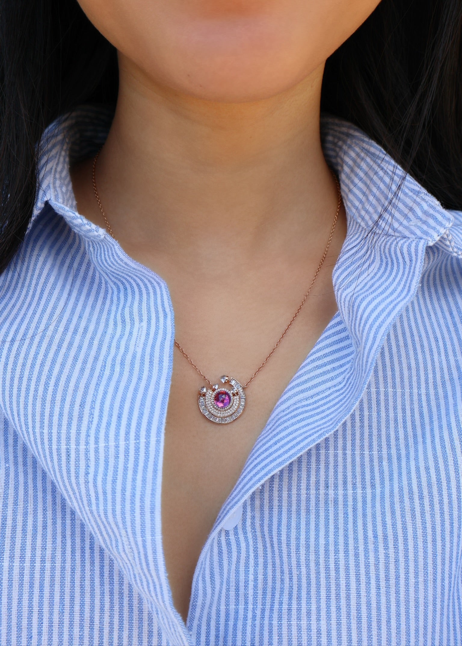 18k rose gold amethyst and diamond baguette chakra round pendant necklace by Ananya Tiny Gods 