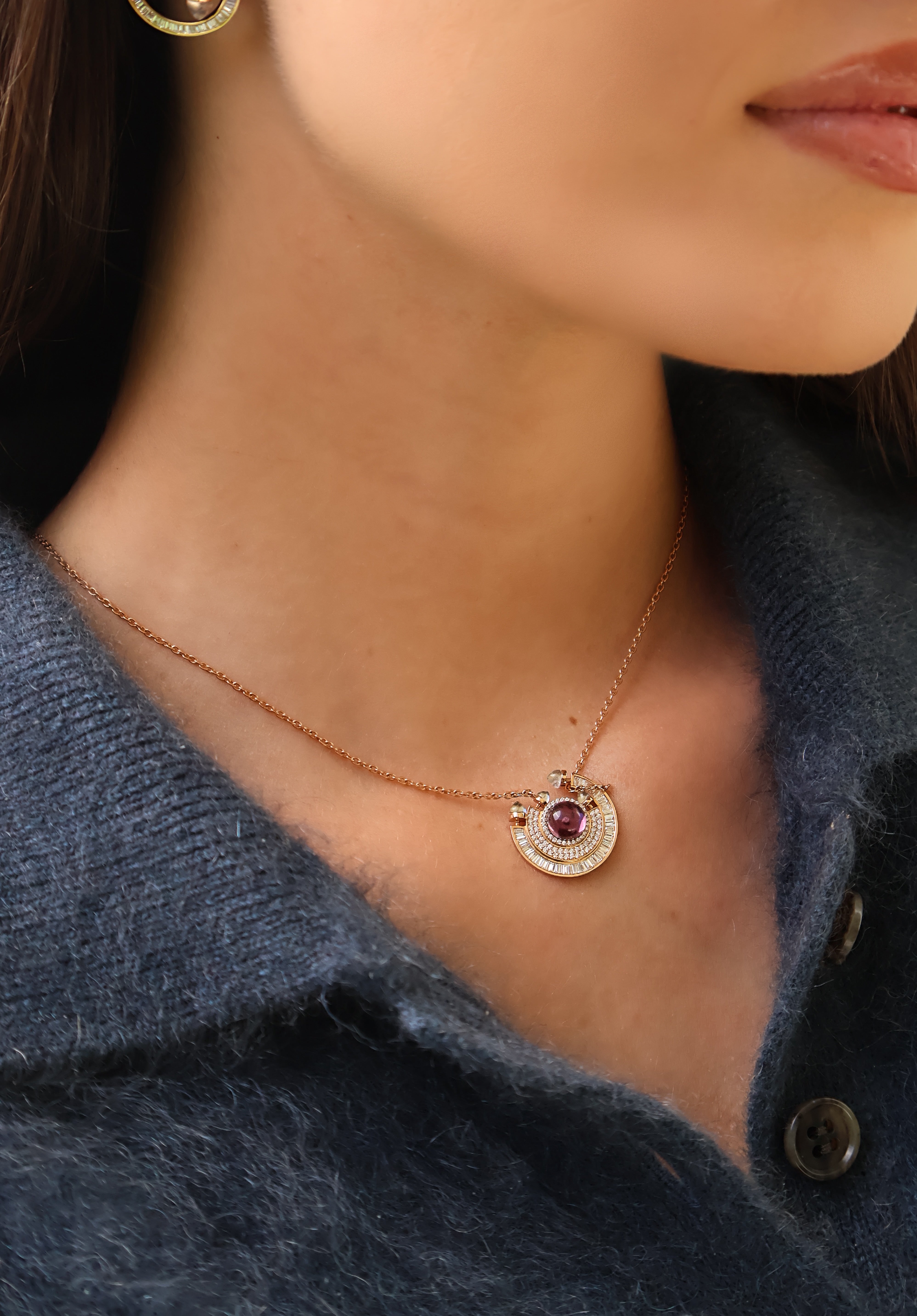 18k rose gold amethyst and diamond baguette chakra round pendant necklace by Ananya Tiny Gods on model