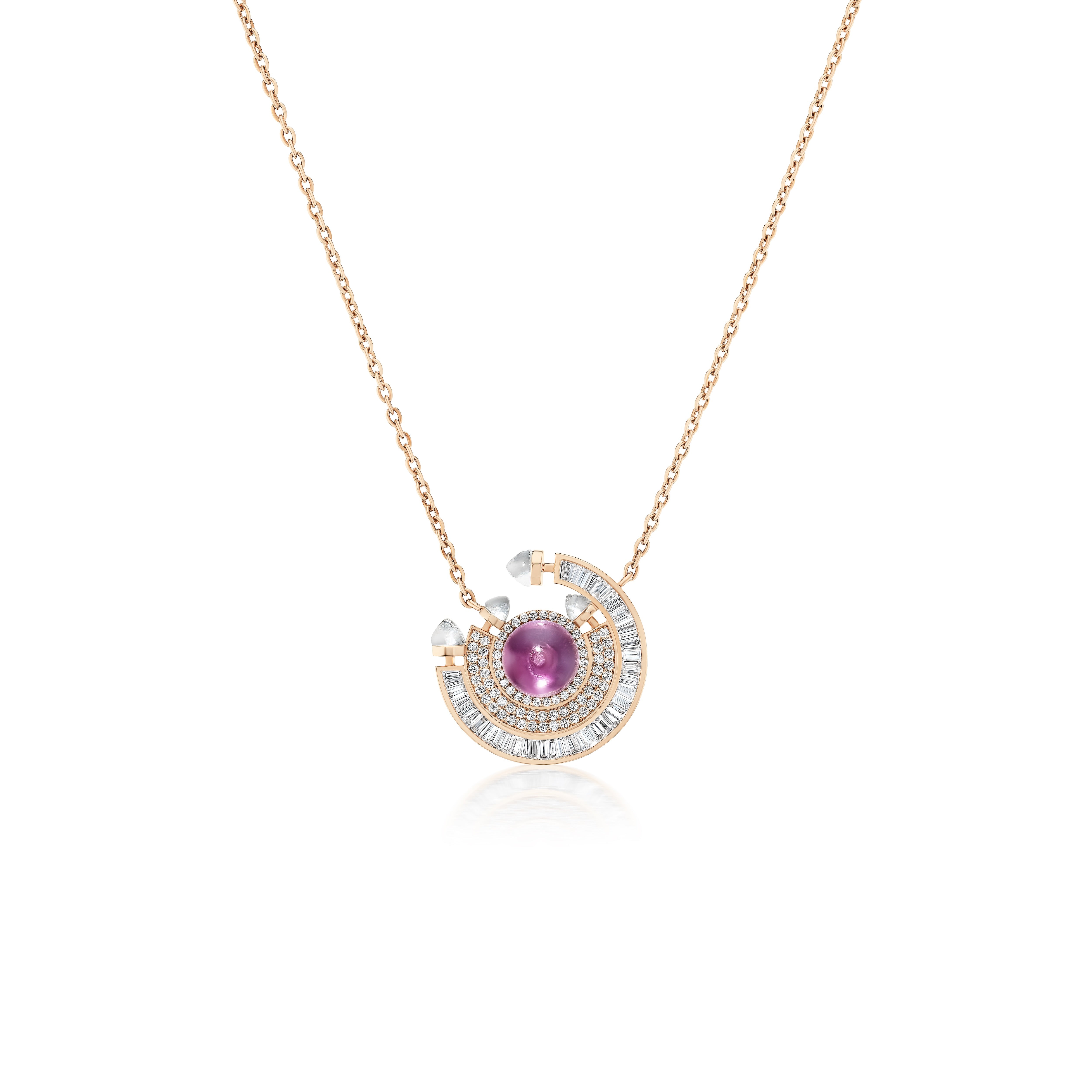 18k rose gold amethyst and diamond baguette chakra round pendant necklace by Ananya Tiny Gods 