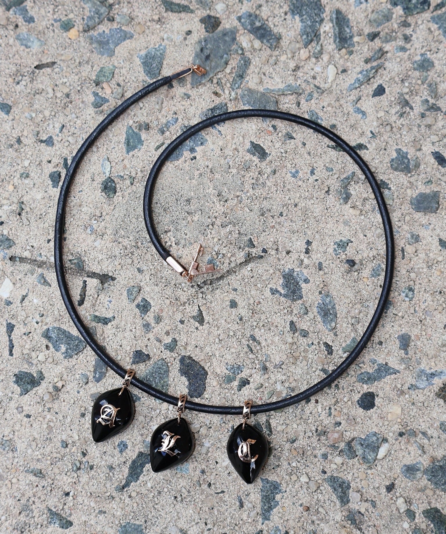 18k rose gold black leather cord choker necklace by Dezso Sara Beltran Tiny Gods 