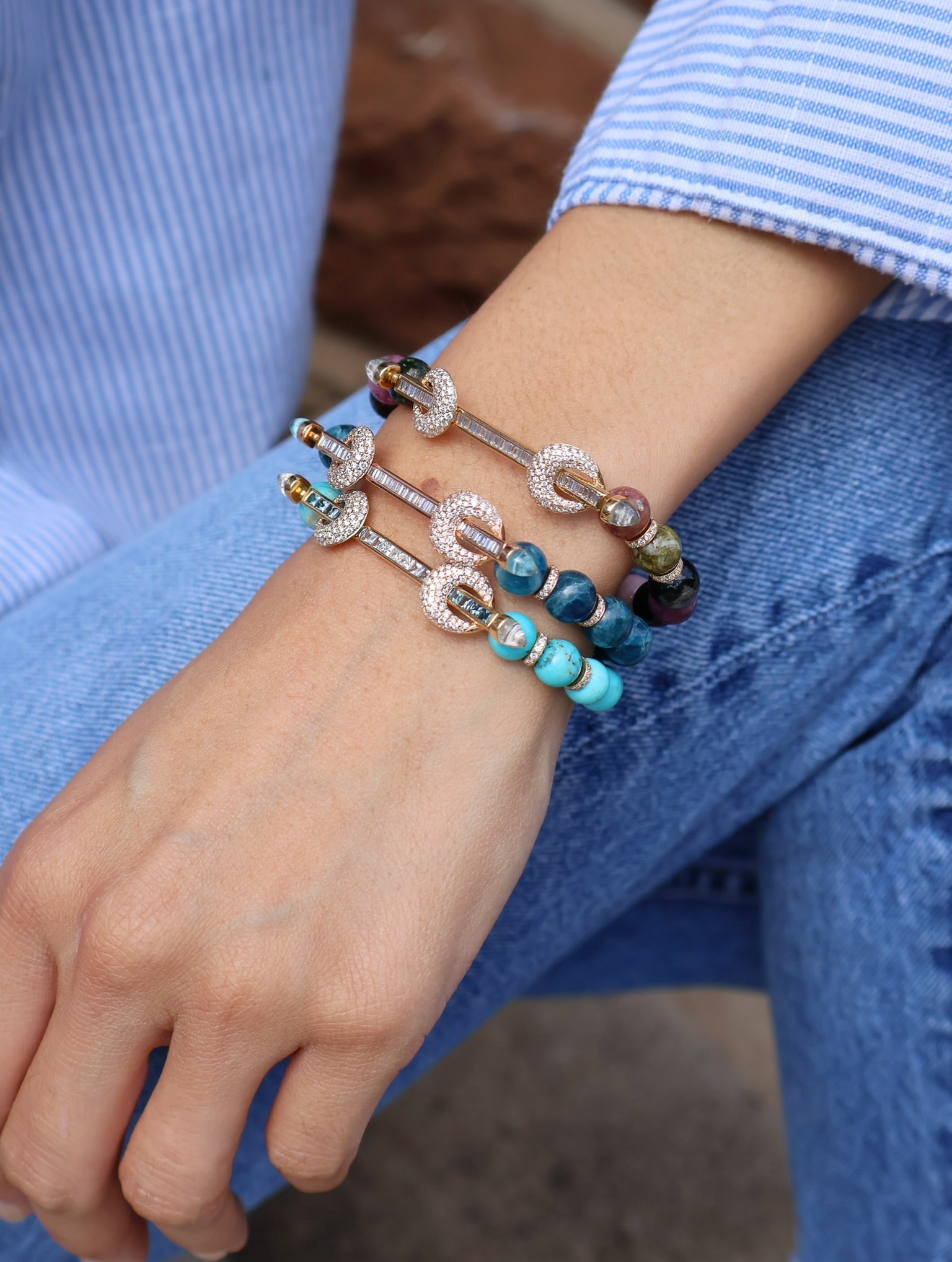 18k rose gold blue apatite beaded chakra bracelet with diamond baguette bar and diamond loops by Ananya Tiny Gods 