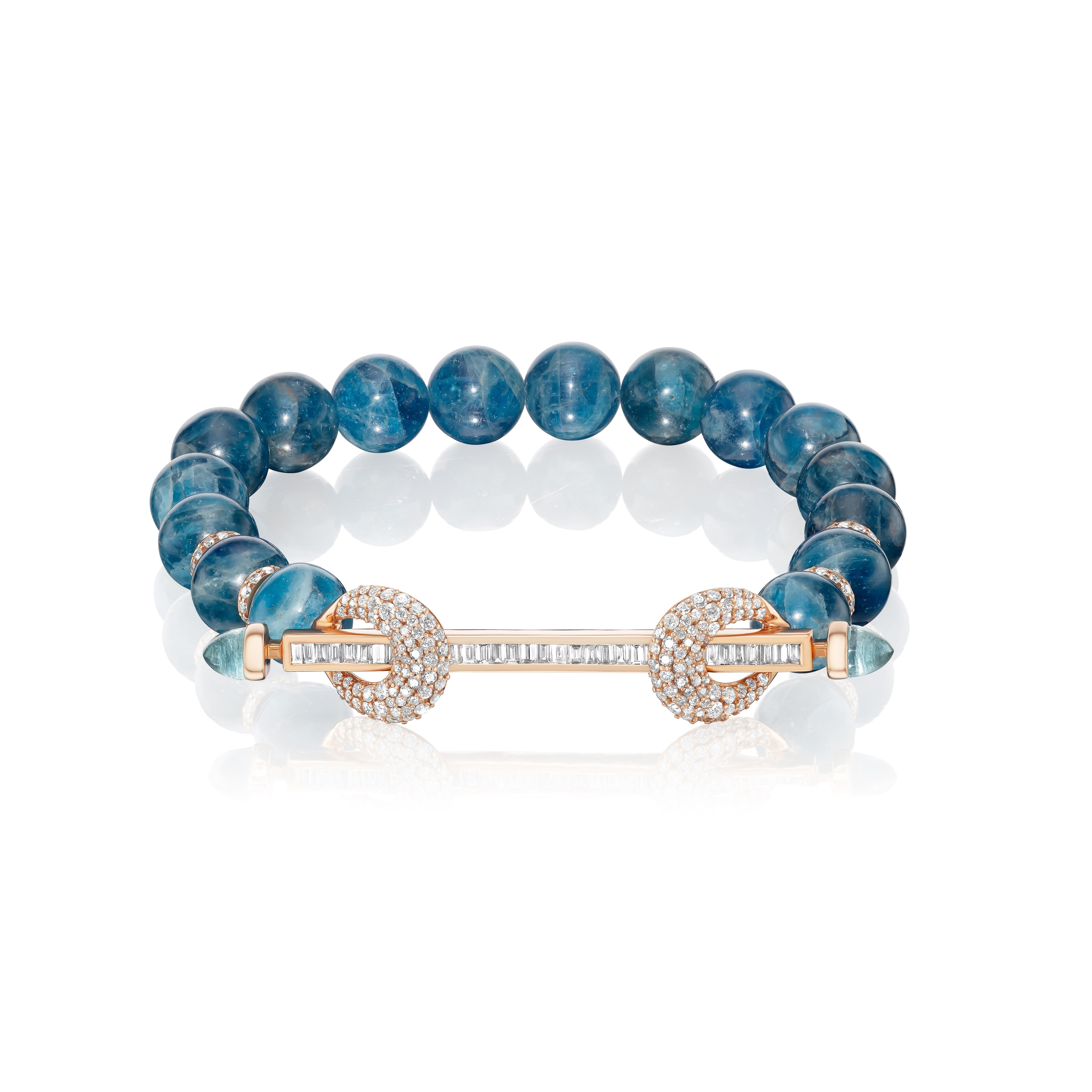 18k rose gold blue apatite beaded chakra bracelet with diamond baguette bar and diamond loops by Ananya Tiny Gods 