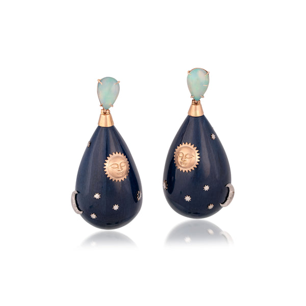 18k rose gold blue lacquer opal celestial teardrop opal earrings with sun, moon and stars details by Silvia Furmanovich Tiny Gods 