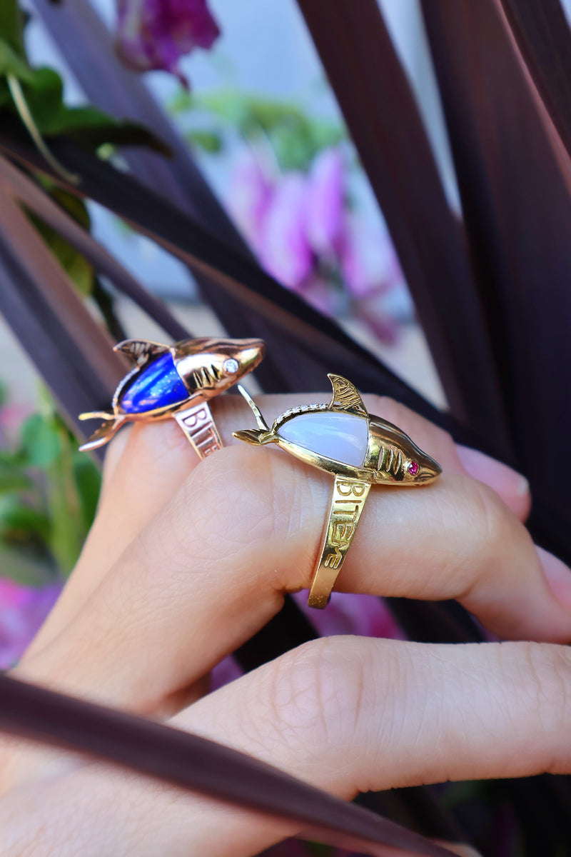 18k rose gold blue lapis diamond shark ring by Daniela Villegas Tiny Gods