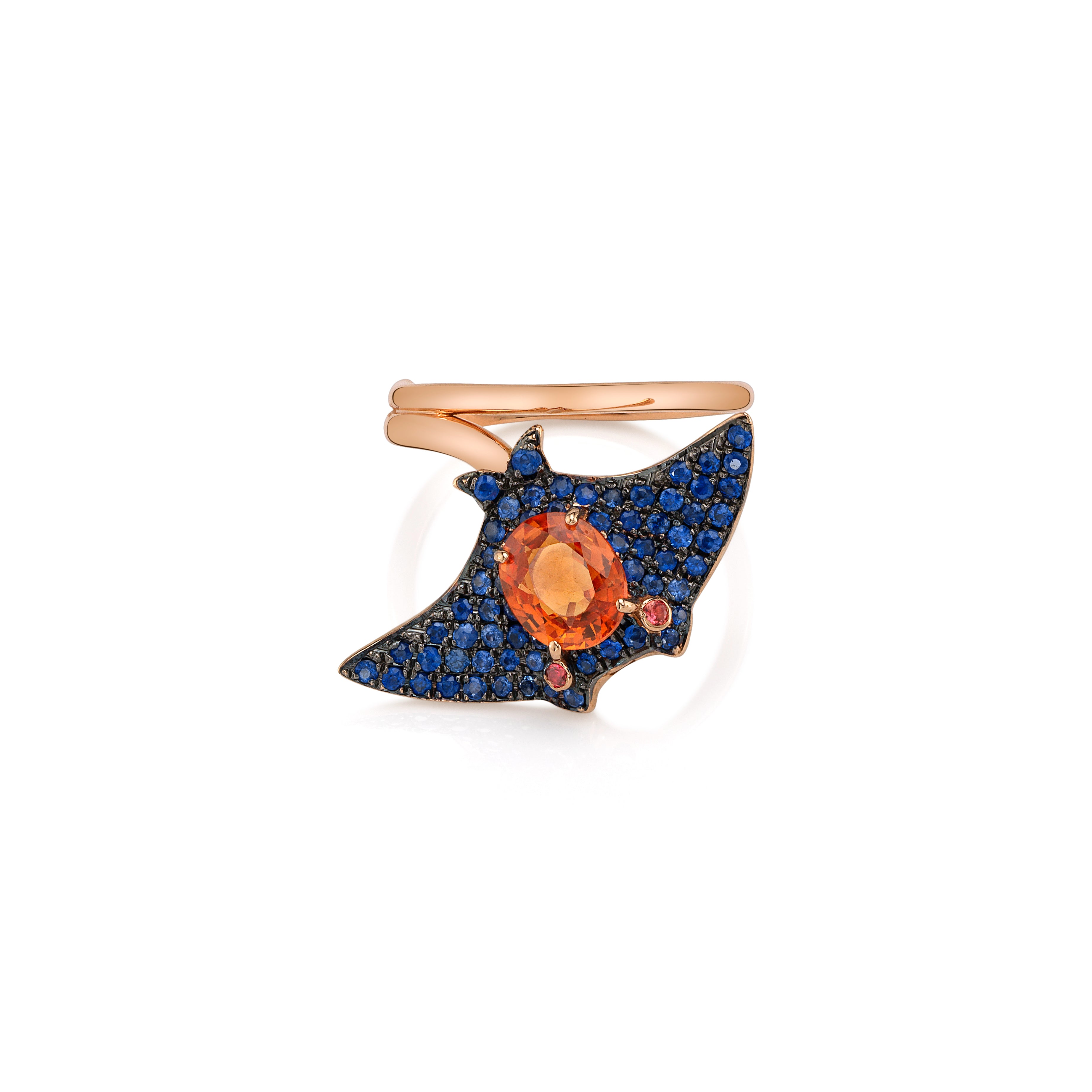 18k rose gold blue and orange sapphire baby manta ray pinky midi ring by Daniela Villegas Tiny Gods 