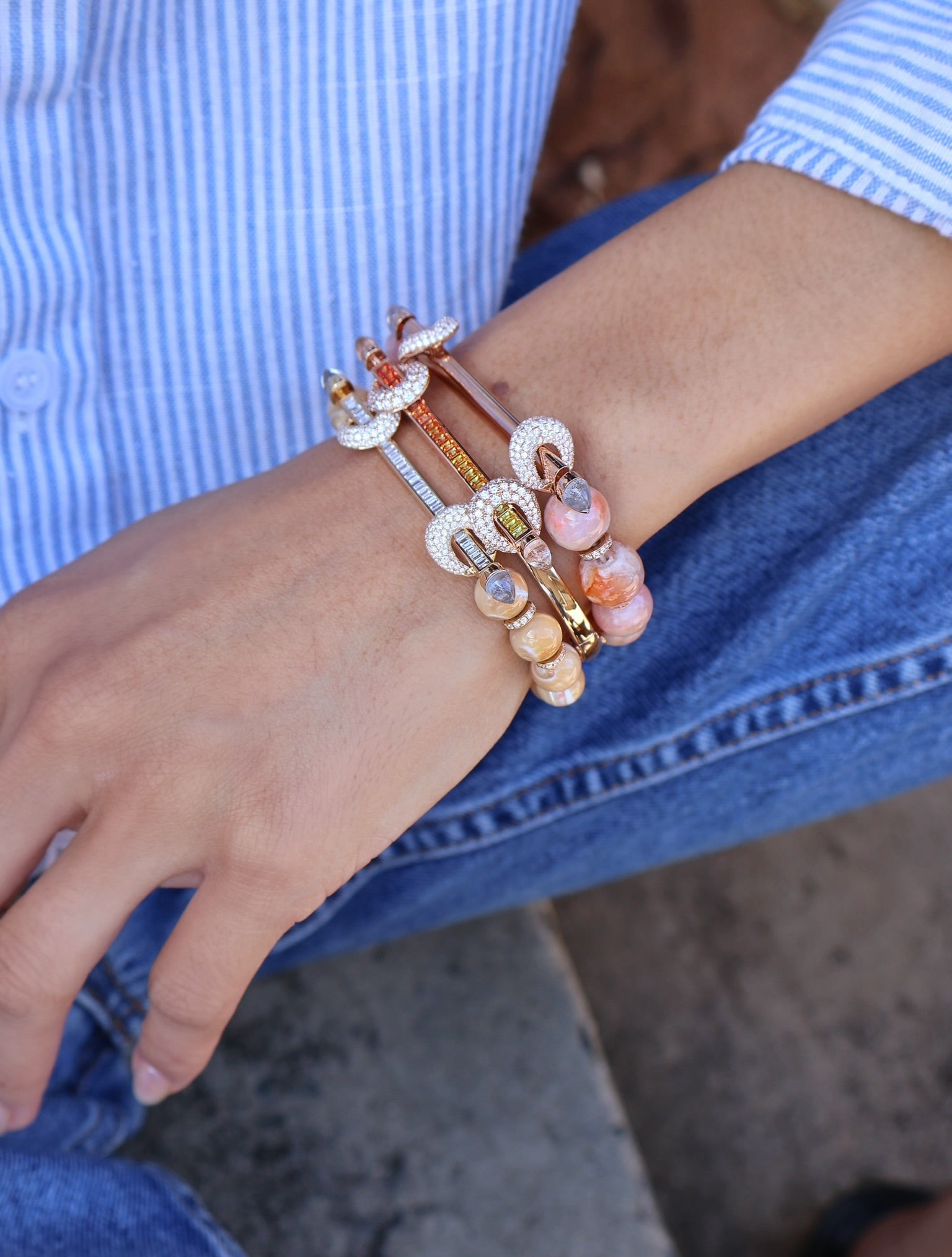 18k rose gold jumbo peach agate beaded chakra bracelet with diamond loops by Ananya Tiny Gods 