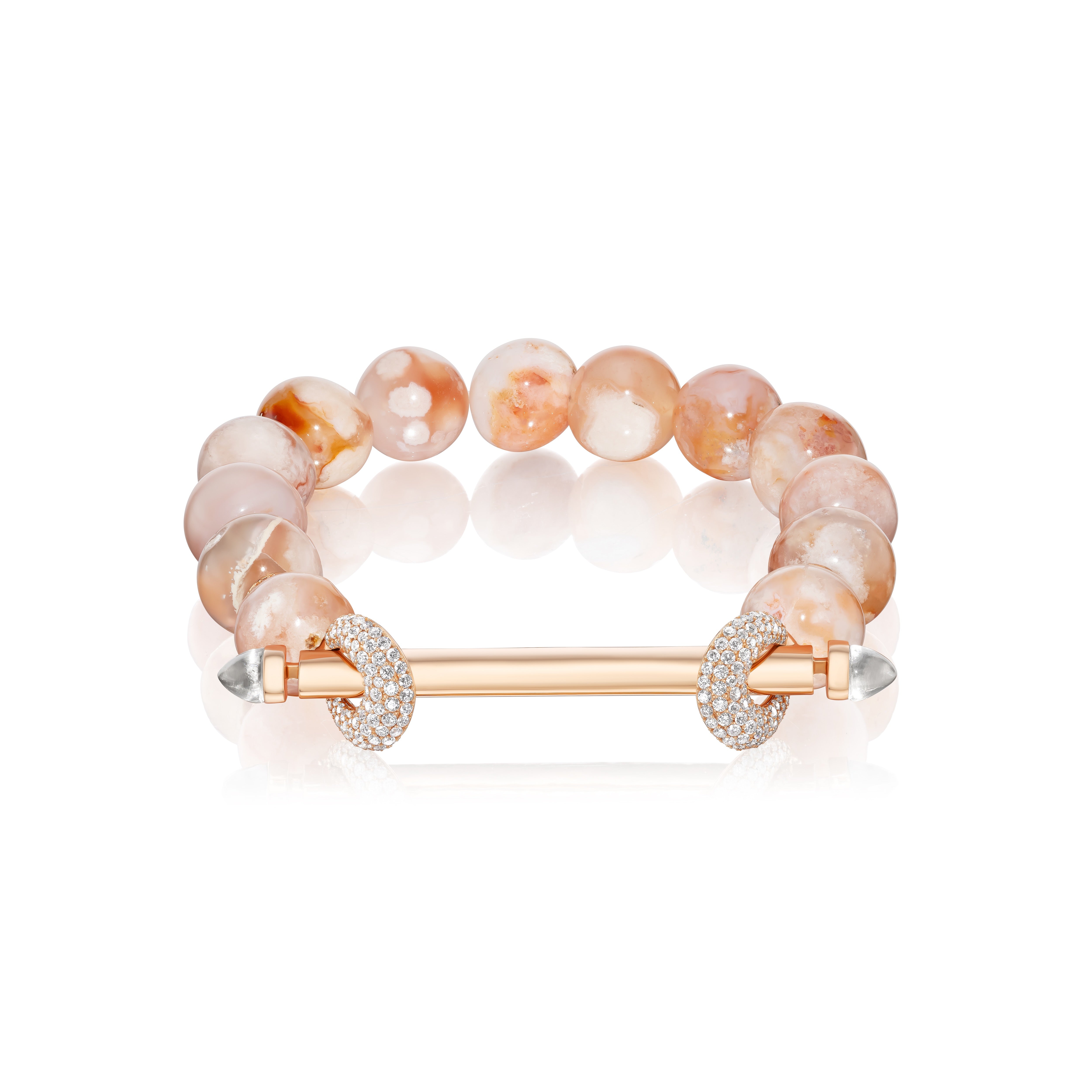 18k rose gold jumbo peach agate beaded chakra bracelet with diamond loops by Ananya Tiny Gods 
