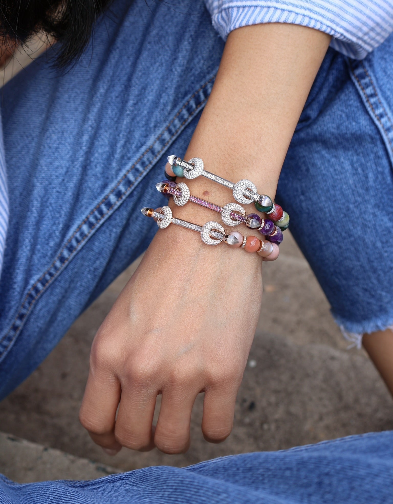 18k rose gold multi colored peach moonstone beaded chakra bracelet with diamond baguette bar and diamond loops by Ananya Tiny Gods 