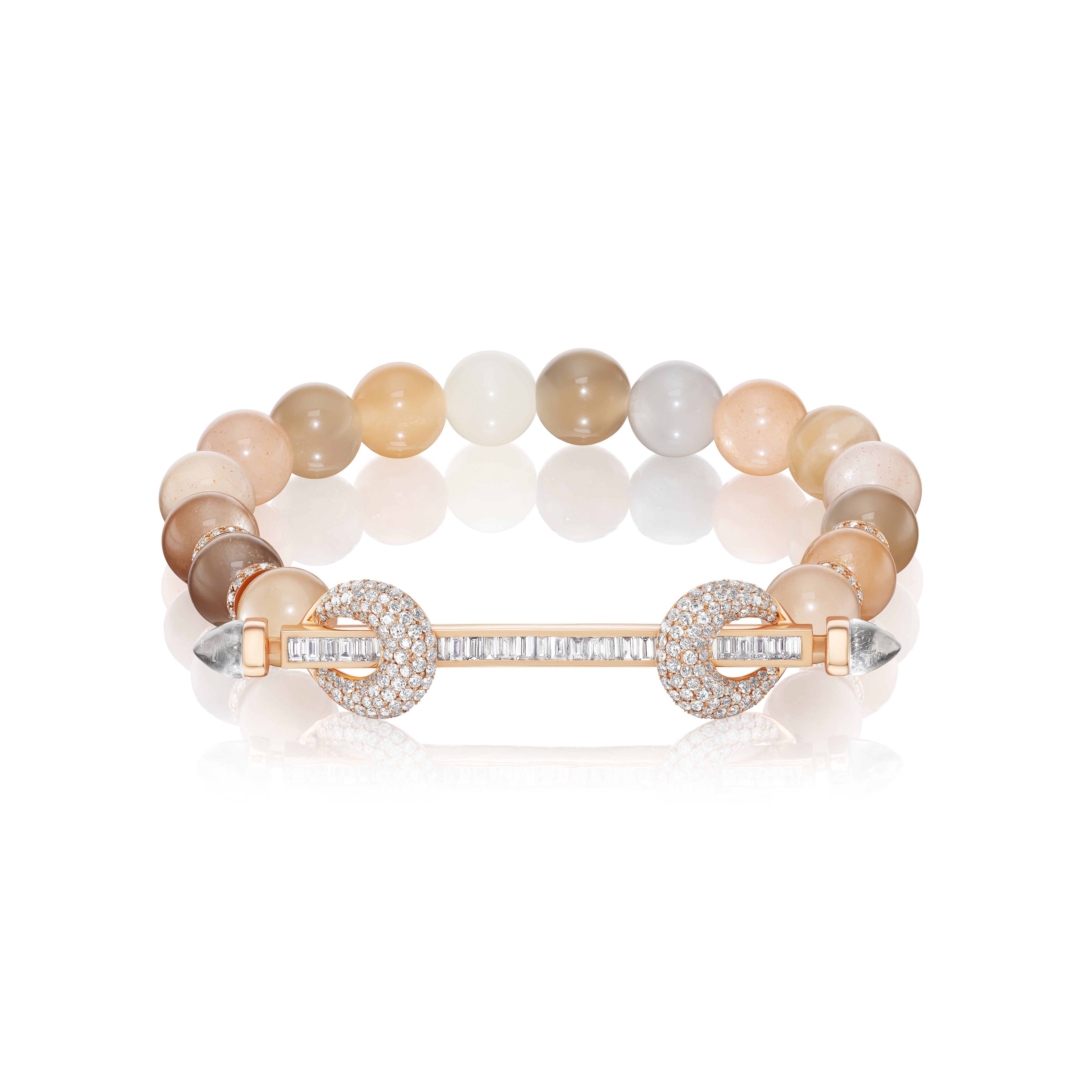 18k rose gold multi colored peach moonstone beaded chakra bracelet with diamond baguette bar and diamond loops by Ananya Tiny Gods 
