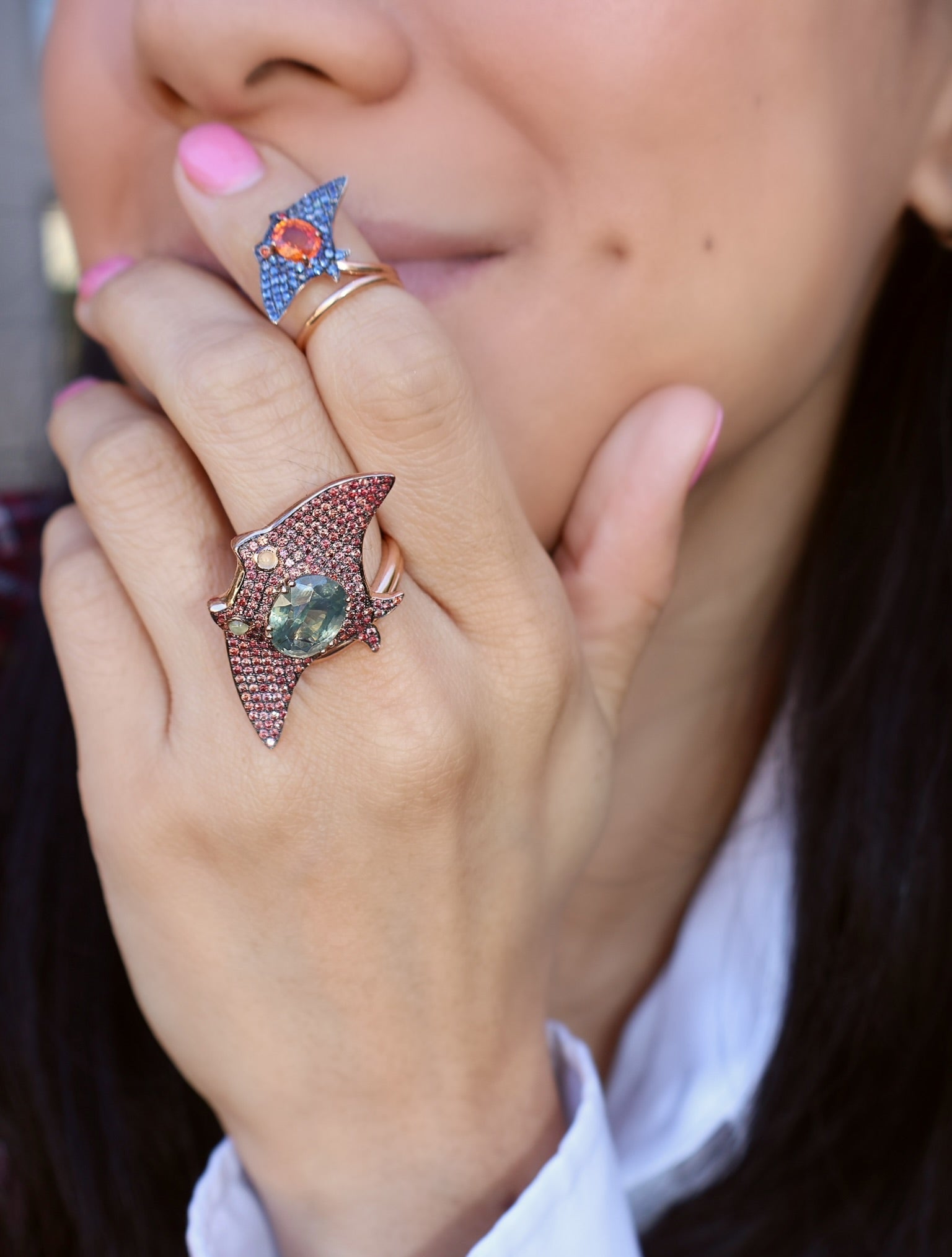 18k rose gold red sapphire, prehnite and green zircon Naida manta ray sea ring by Daniela Villegas Tiny Gods 