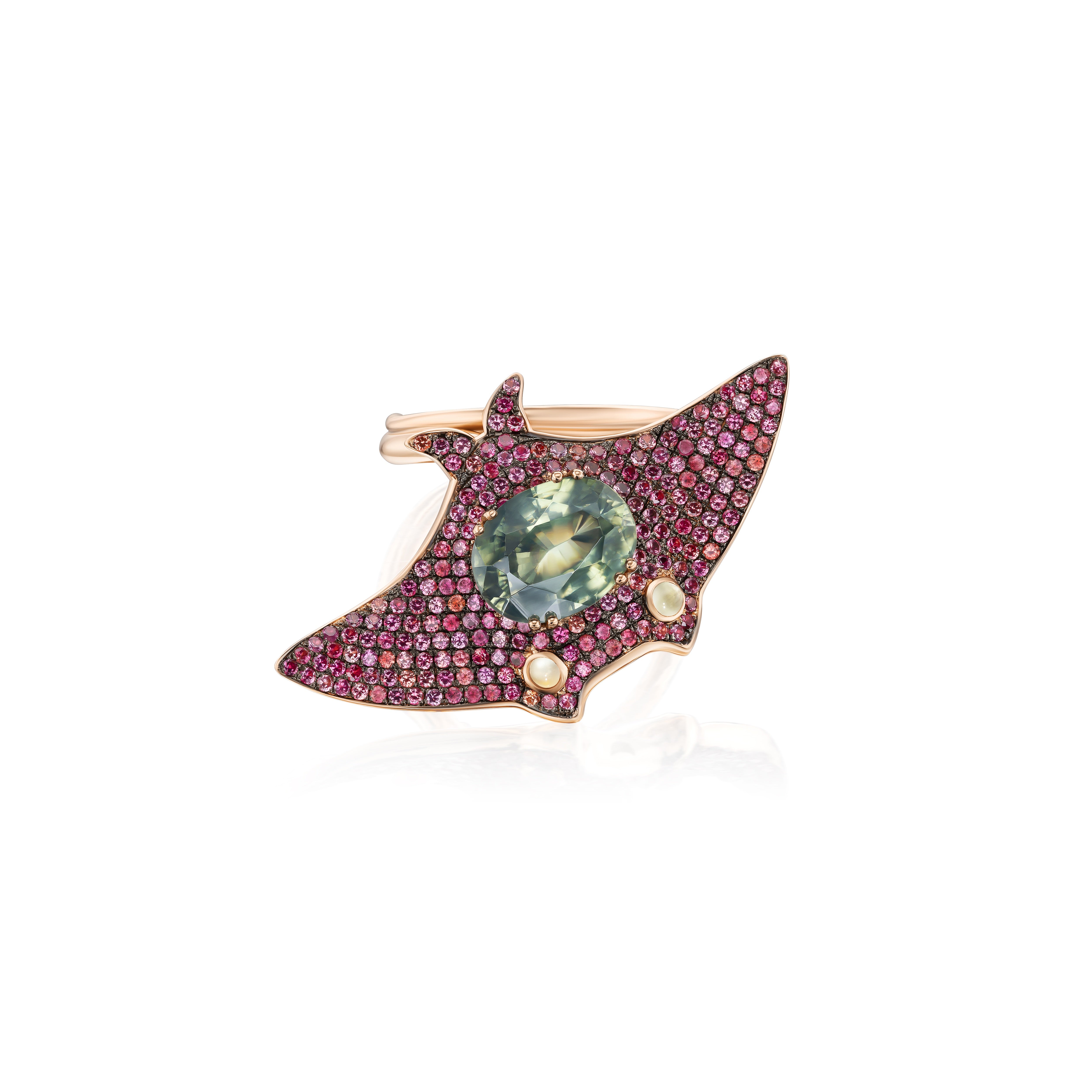 18k rose gold red sapphire, prehnite and green zircon Naida manta ray sea ring by Daniela Villegas Tiny Gods 