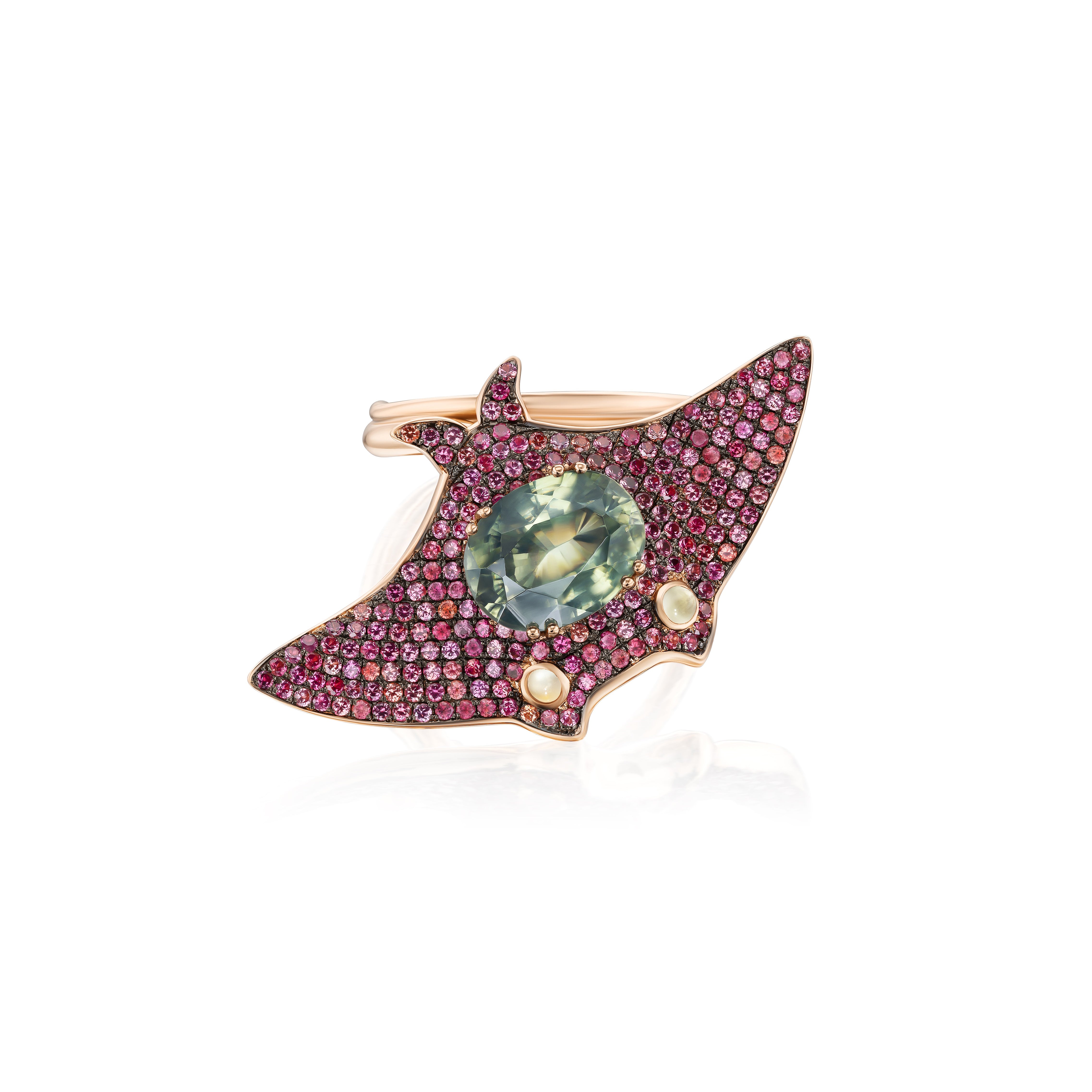 18k rose gold red sapphire, prehnite and green zircon Naida manta ray sea ring by Daniela Villegas Tiny Gods 