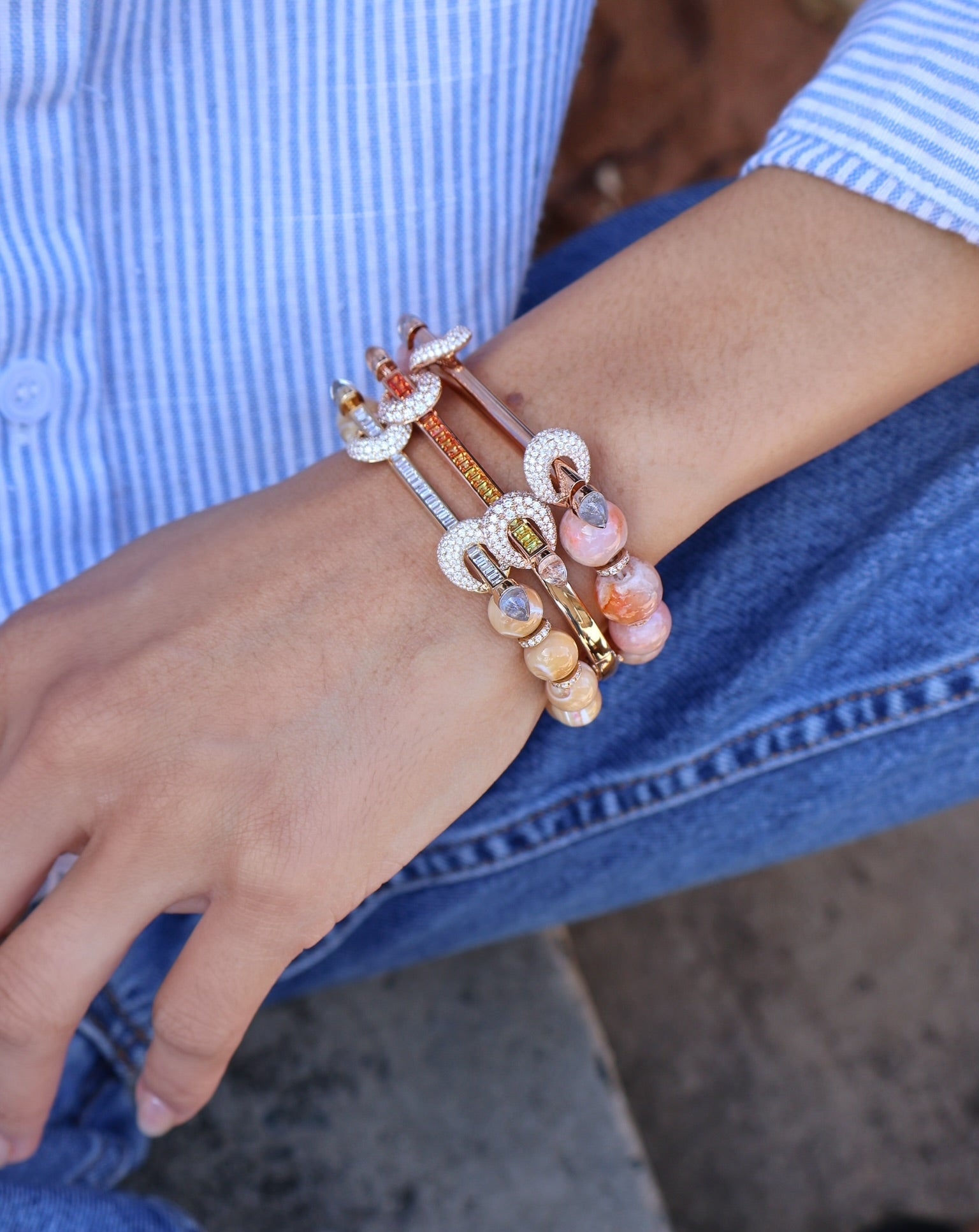 18k rose gold chakra icon bangle bracelet with orange to yellow ombre sapphire bar and diamond loops by Ananya Tiny Gods 