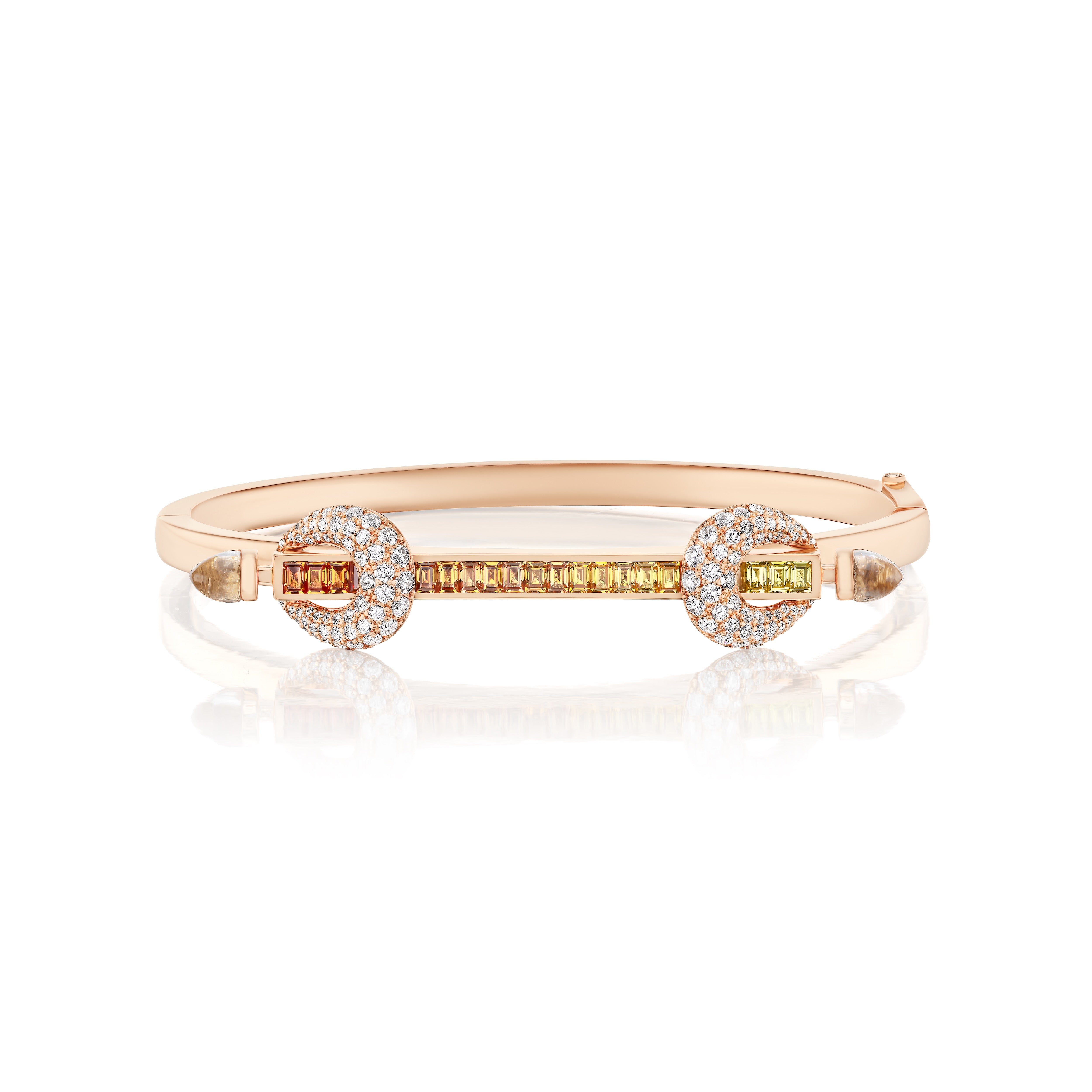 18k rose gold chakra icon bangle bracelet with orange to yellow ombre sapphire bar and diamond loops by Ananya Tiny Gods 