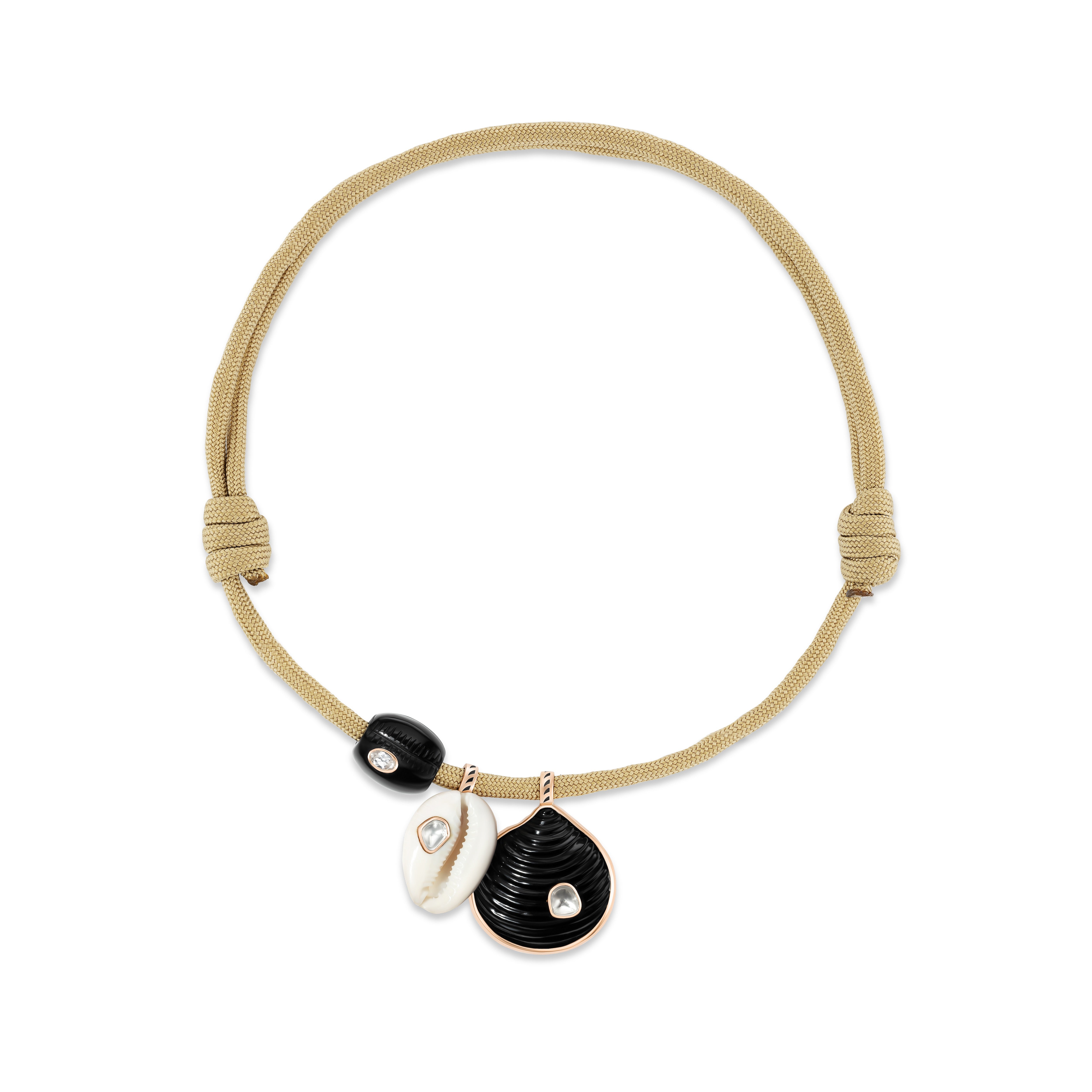 18k rose gold carved onyx cowry and Venus shell with polki diamonds and natural white cowry shell pendant with taupe adjustable paracord necklace by Dezso Tiny Gods 