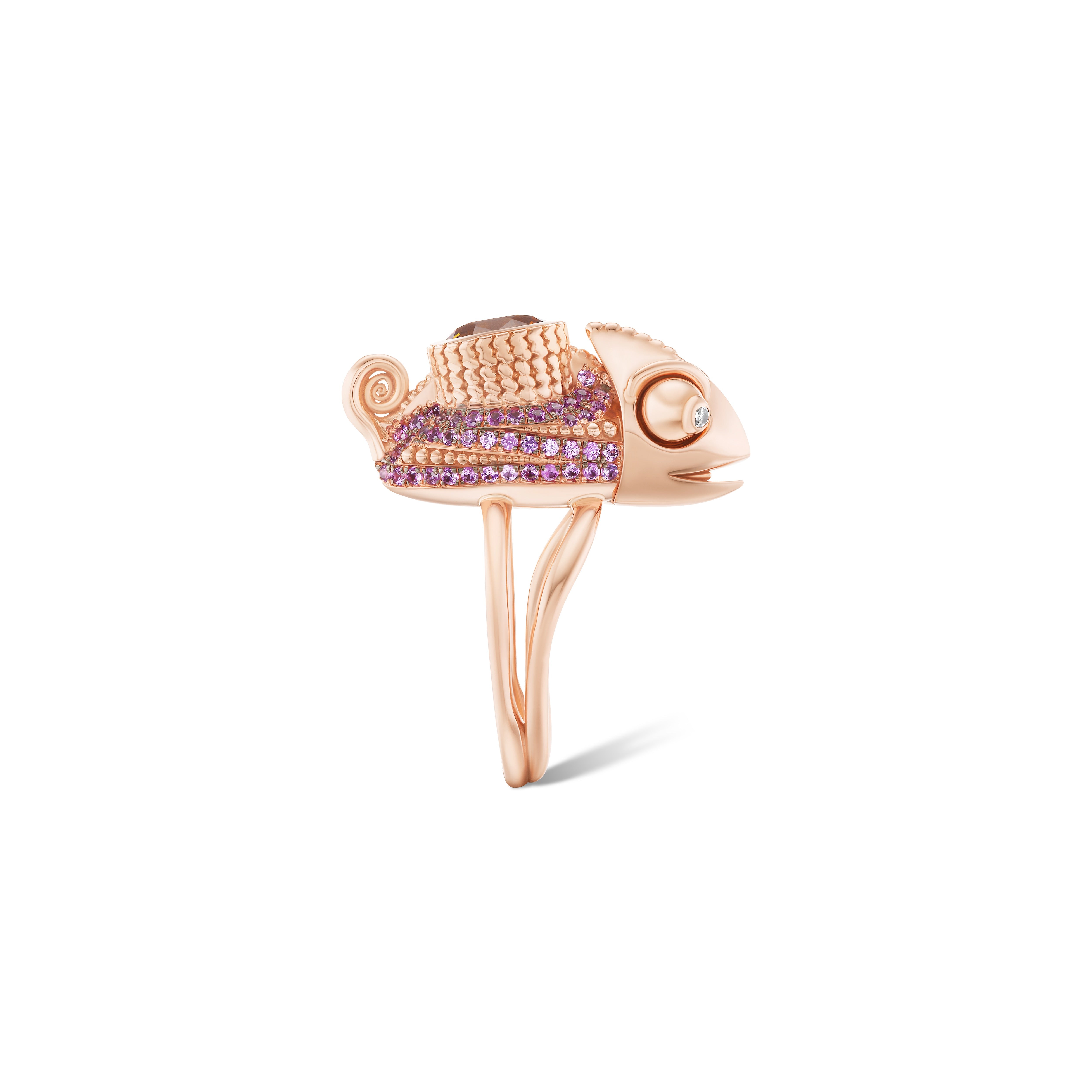 18k rose gold orange and burgundy sapphire diamond eye baby chameleon ring by Daniela Villegas Tiny Gods 