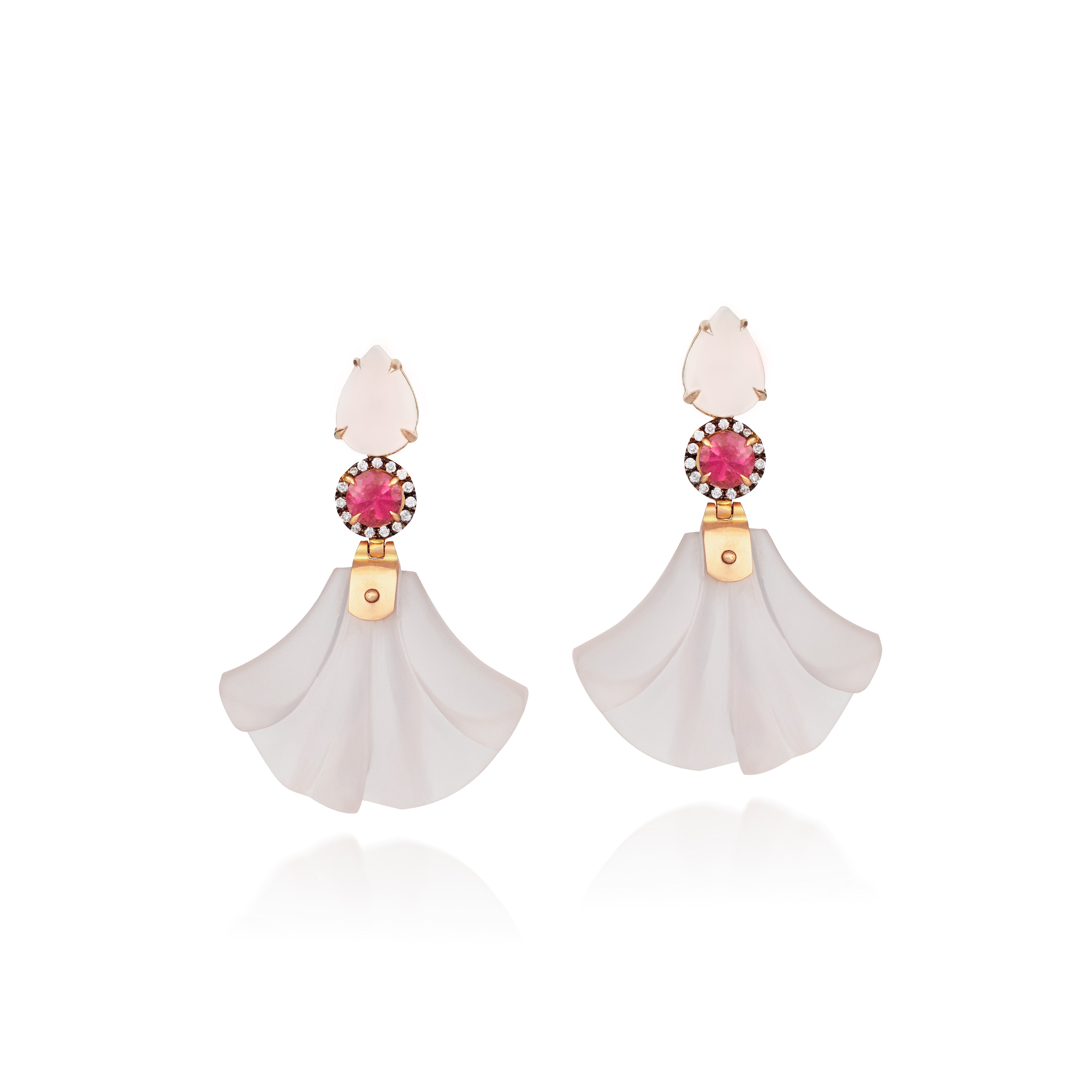 18k rose gold carved rose quartz curtain earrings with diamonds and pink tourmaline by Silvia Furmanovich Tiny Gods 