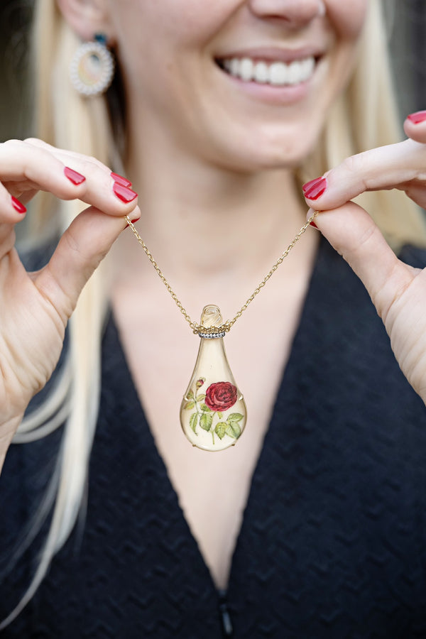 18k yellow gold miniature painting red rose in a glass bottle pendant necklace by Silvia Furmanovich Tiny Gods