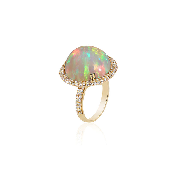 18k yellow gold round opal ring with diamonds by Goshwara Tiny Gods