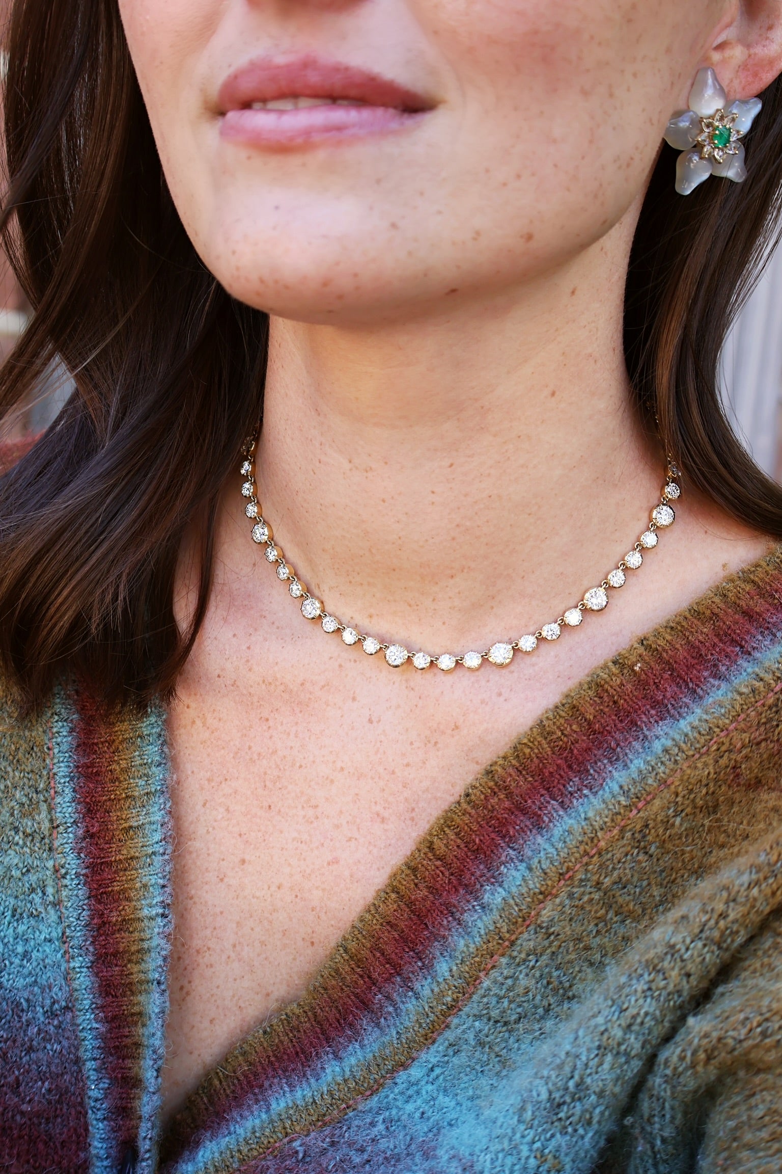 18k yellow gold multi size round diamond bezel set tennis riviera necklace by Tiny Gods 