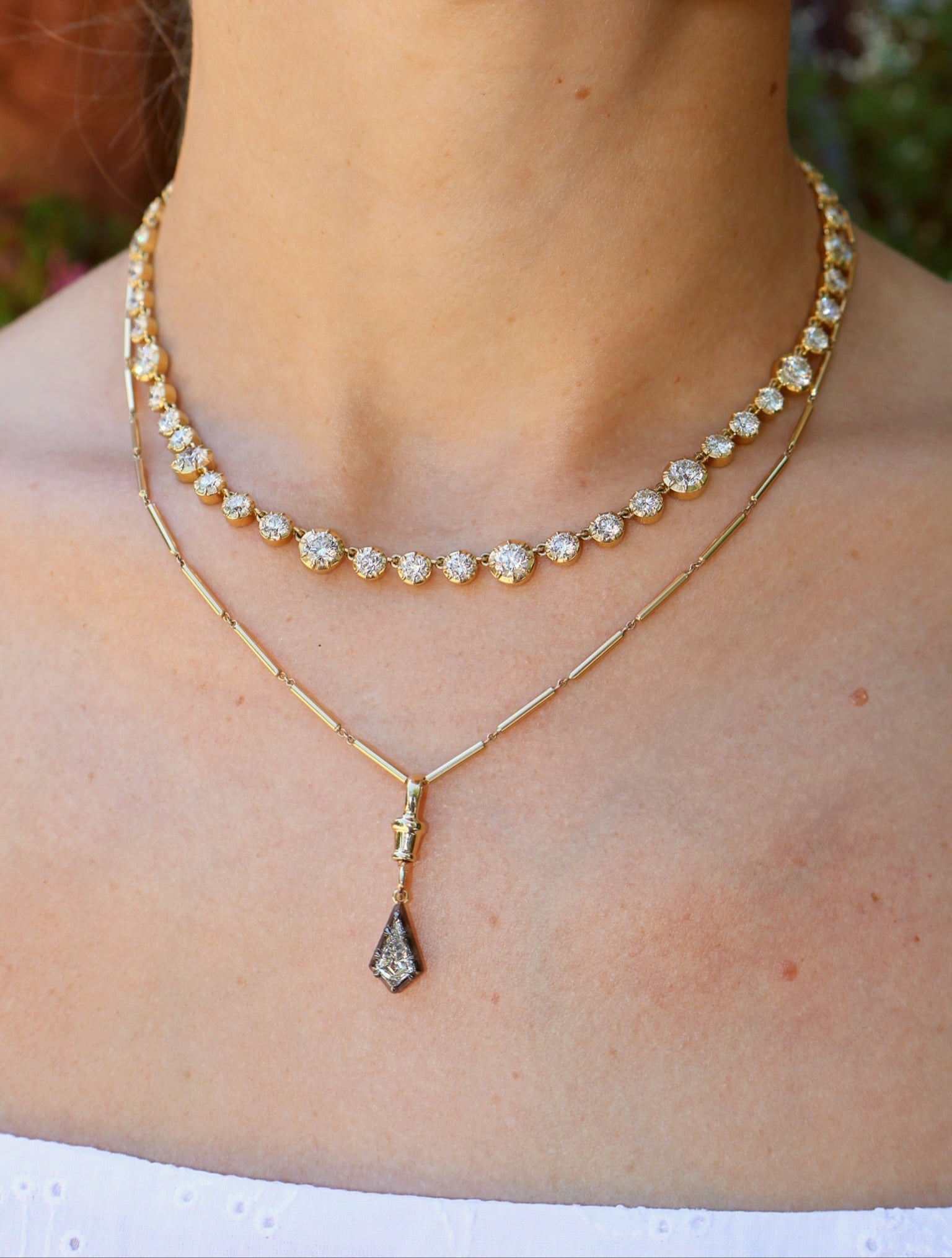 18k yellow gold multi size round diamond bezel set tennis riviera necklace by Tiny Gods 