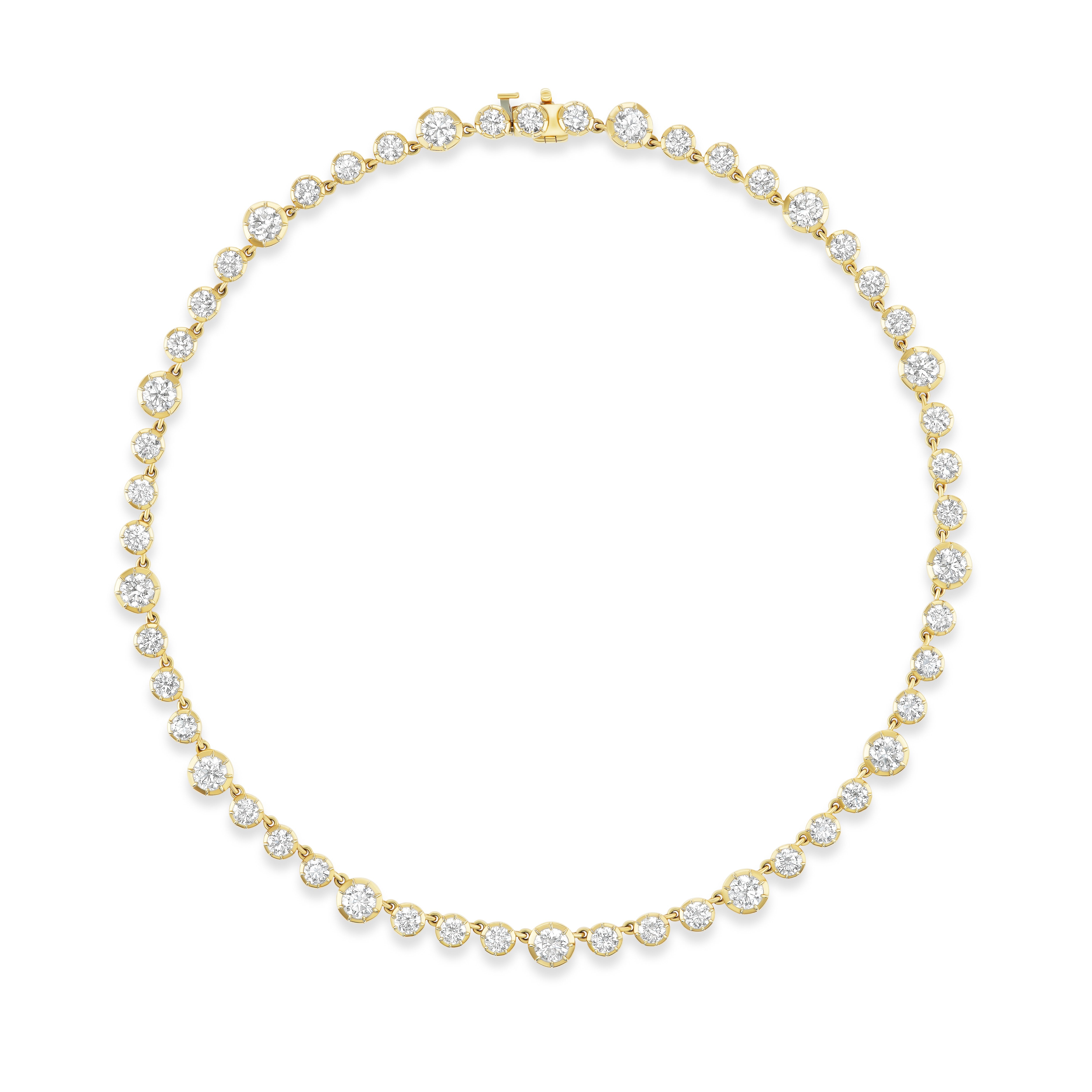 18k yellow gold multi size round diamond bezel set tennis riviera necklace by Tiny Gods 