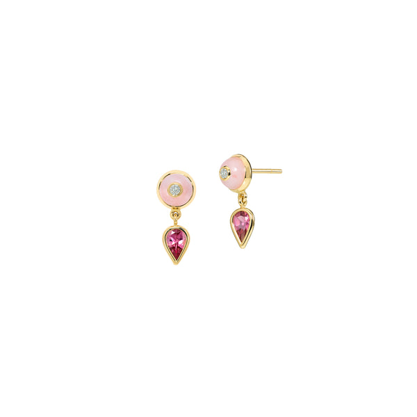 Rubellite and pink opal diamond uirapuru earrings by Sauer Tiny Gods