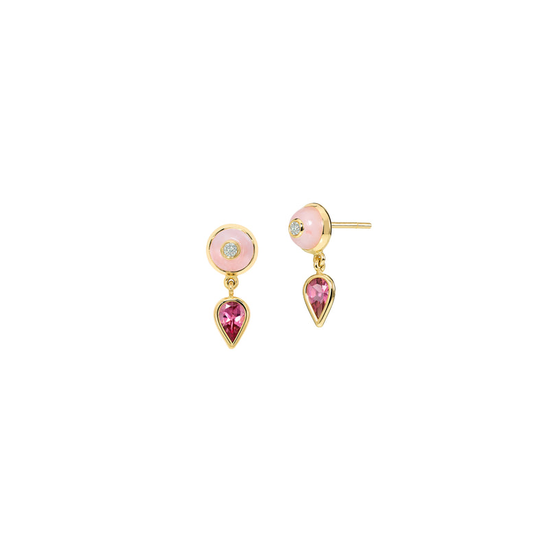 Rubellite and pink opal diamond uirapuru earrings by Sauer Tiny Gods