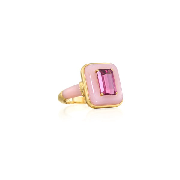 18k yellow gold rubellite alix ring with pink opal by Sauer Tiny Gods